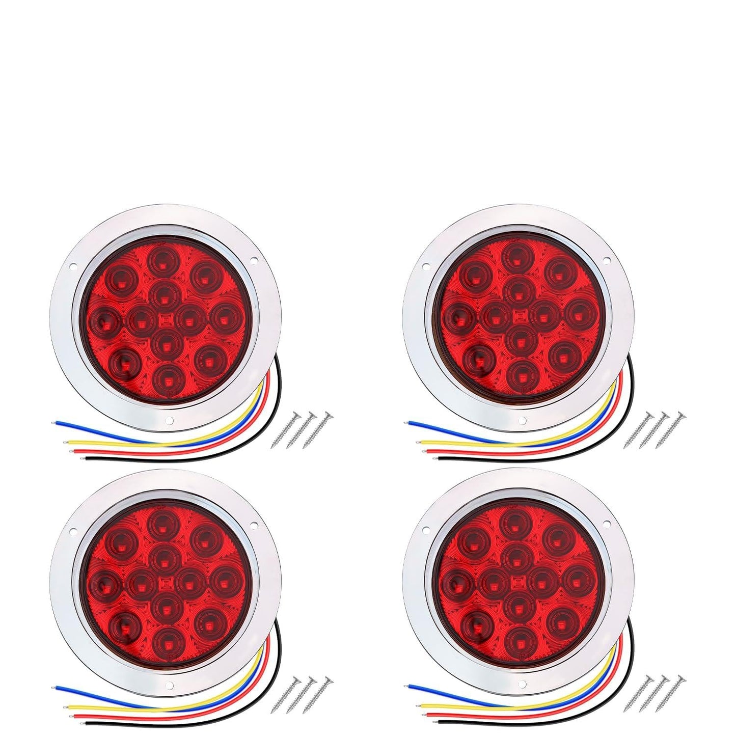 TMH (4 Pack 4 Inch Red LED Strobe Trailer Tail Lights, 12 LED Flush Mount, Chrome Bezel, Waterproof, Solid & Flashing Strobe Lig