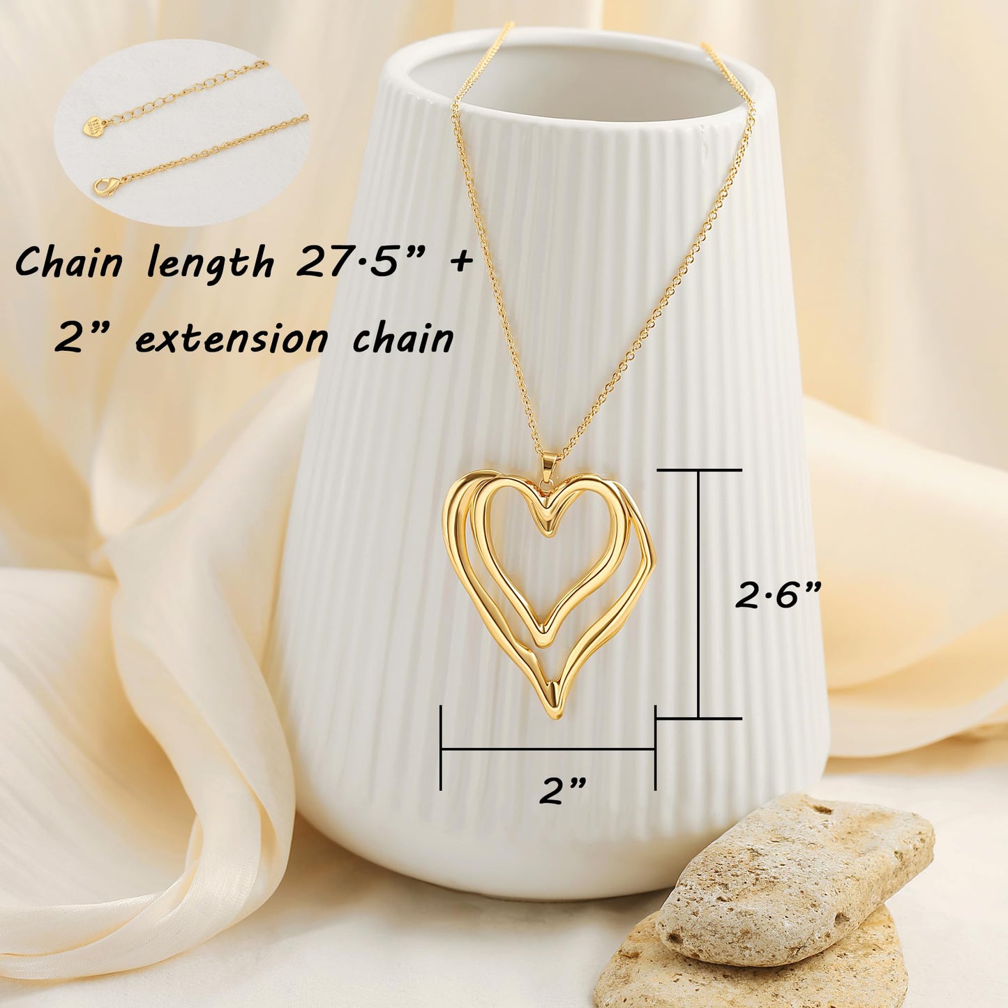 CANEVINKA 18K Gold Plated Cute Heart Necklace for Woman Long Sweater Chain Necklace Charm Open Heart Pendant