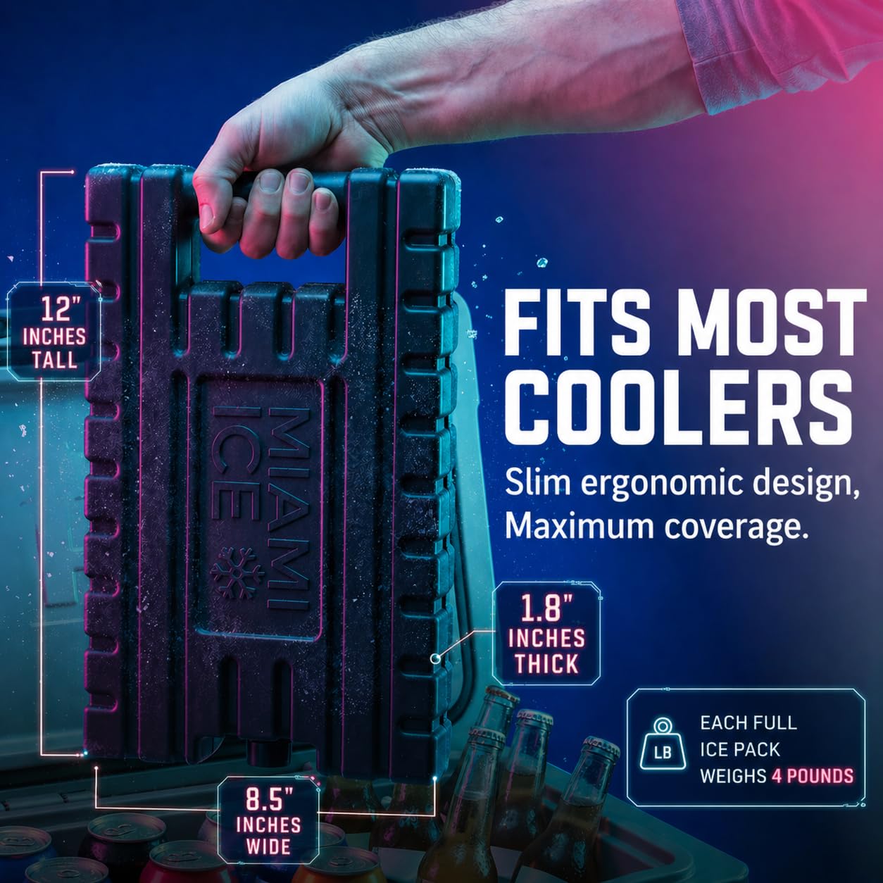 Miami Ice Reusable XL Cooler Ice Pack (12"x9") | Replaces 7 lbs of Ice, Stays Cold up to 96 Hours, BPA-Free, Built-in Handle, Large Frozen Ice Packs for Cooler (3-Pack)