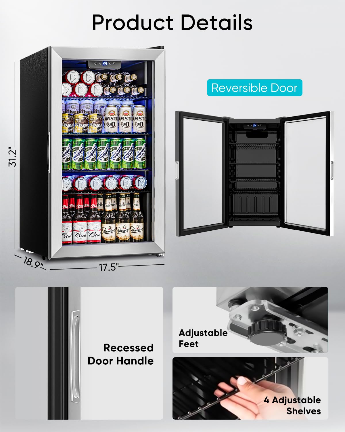 Feelfunn 3.2 Cu.Ft Mini Fridge with Glass Door - 126 Can Beverage Refrigerator Cooler for Drink Beer Wine Soda, Small Refrigerator for Bedroom Office Bar Dorm, 4 Adjustable Shelves, Silver