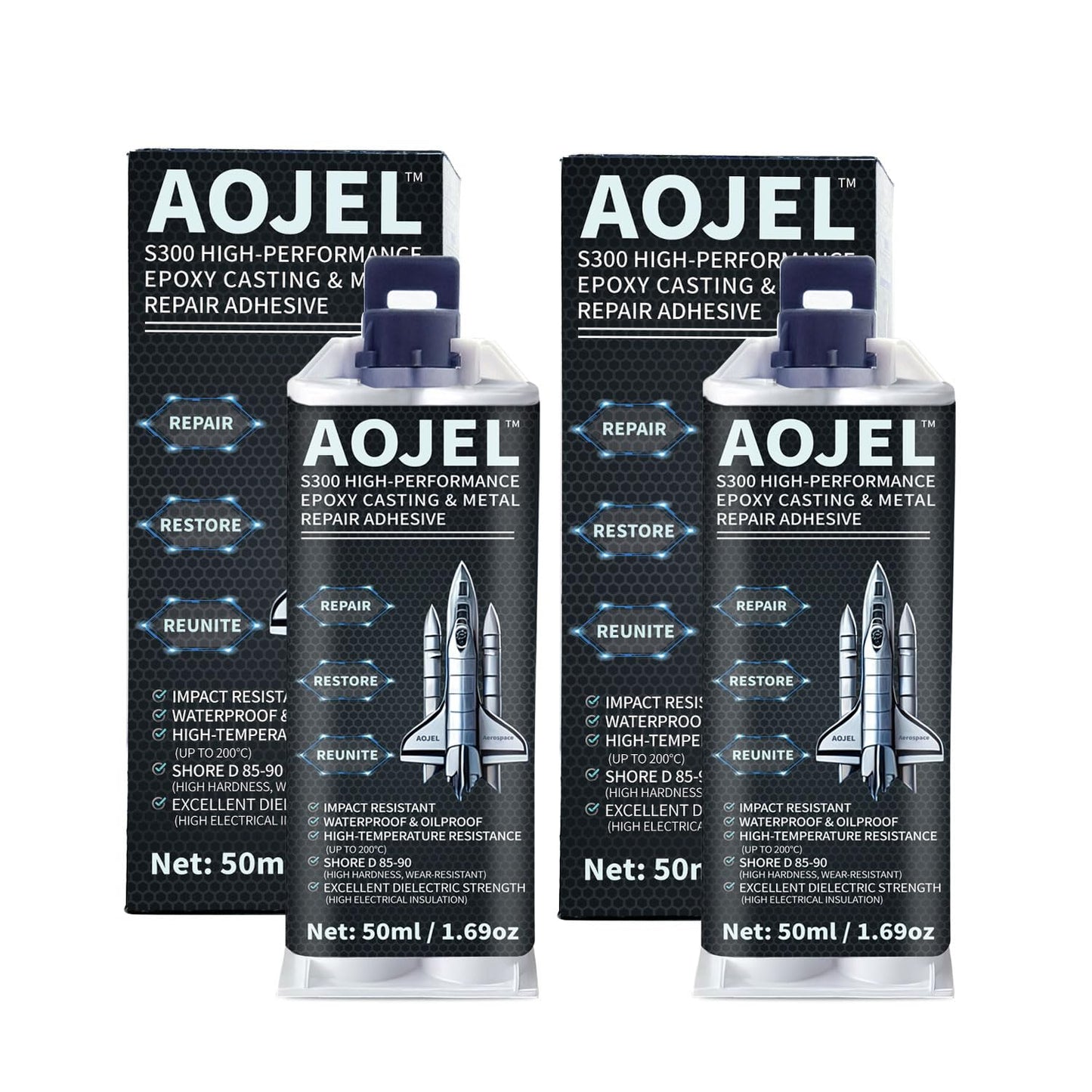 AOJEL 2-Pack Metal Epoxy, 2-Part Structural Repair Adhesive for Metal & Aluminum Repair, Load-Bearing, Waterproof, Heat Resistant to 392°F, Drillable After Cure, Total 3.38 oz