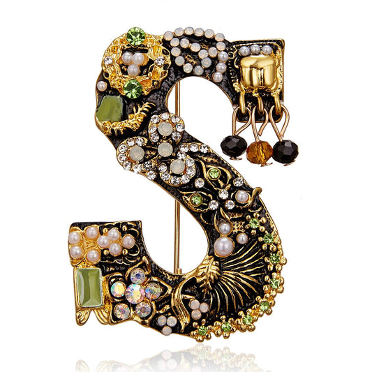 RINHOO Pearl Initial Brooch Pin Crystal A-Z 26 Alphabet Letters Brooch Colorful Enamel Breastpin Pin Jewelry for women Gifts (S)
