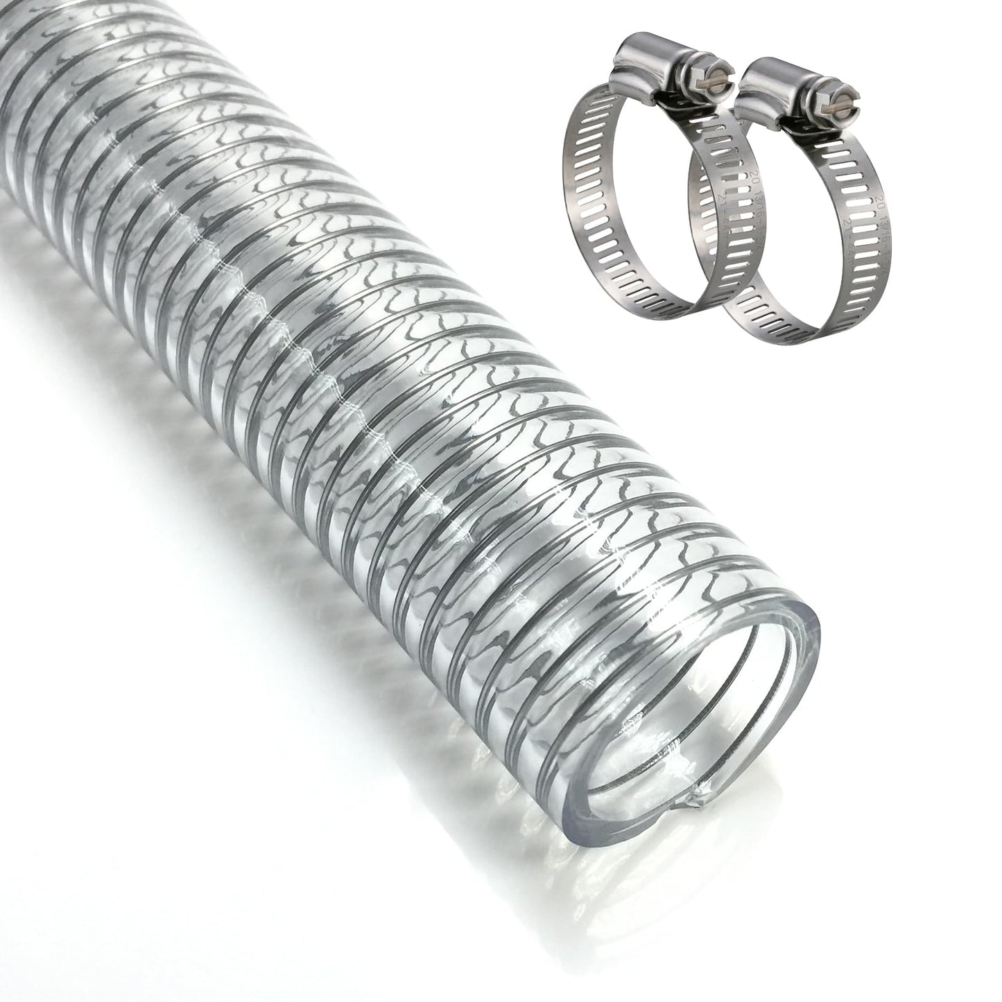 ZY-hosetube Wire Reinforced Hose 1" id - 25ft Clear Heavy Duty Suction Line Plastic Flexible Vinyl Tubing with Spiral Steel Wire, Drain Water Fuel Powder for Boat Marine Bilge Pump, with 2 clamps