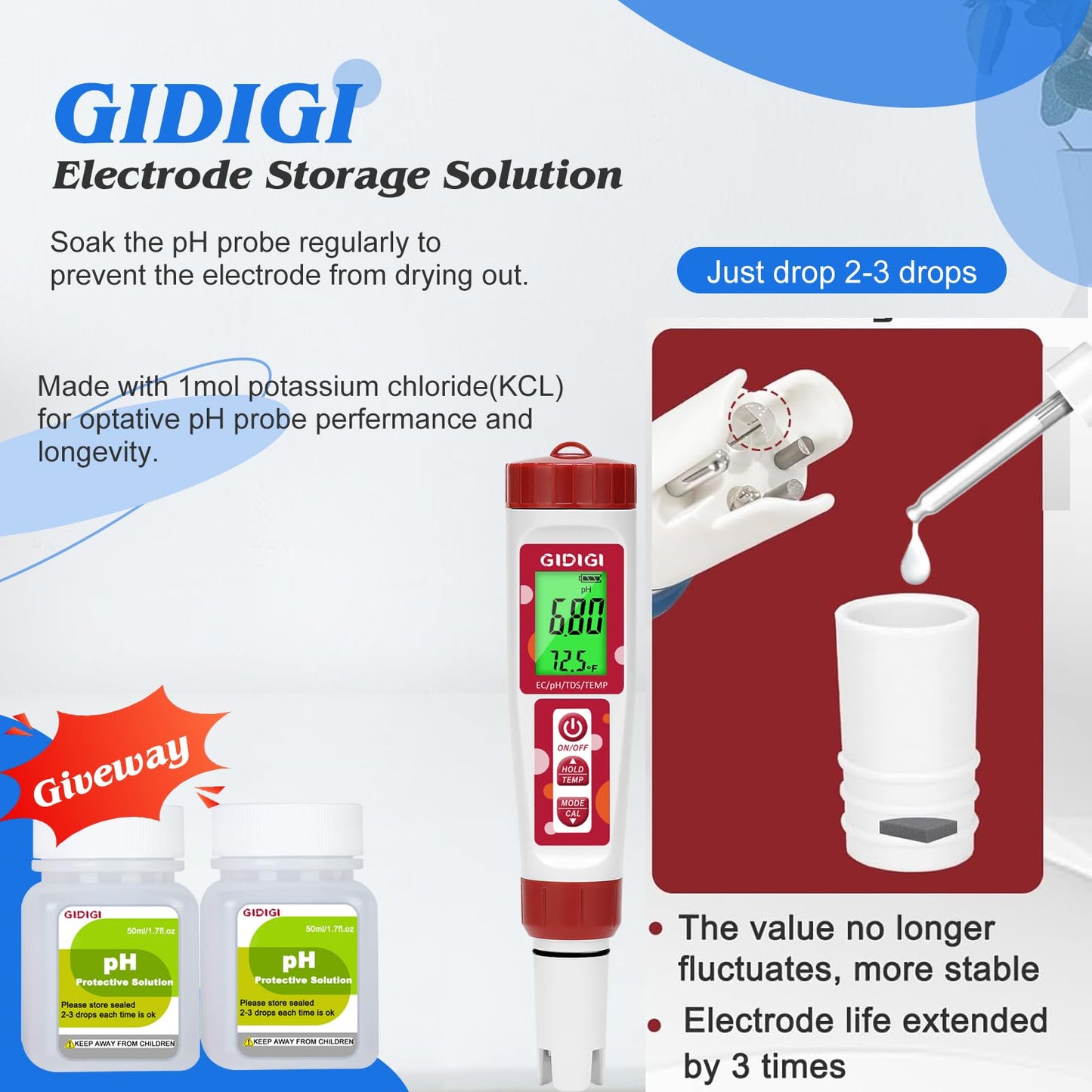 GIDIGI pH Meter Calibration Solution Kit, pH Buffer Solution 4,7,10 50ml*6 and KCL pH Probe Storage Solution 50ml*2, pH Pen Storage Solution for Accurate Calibration of All pH Testers