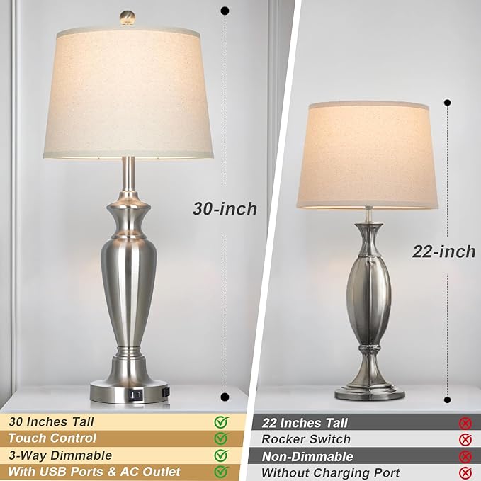 30" Tall Silver Table Lamp for Living Room, 3-Way Dimmable Touch Control Bedside Lamp for Bedroom Nightstand with USB A+C Ports & AC Outlet (1 Pack)