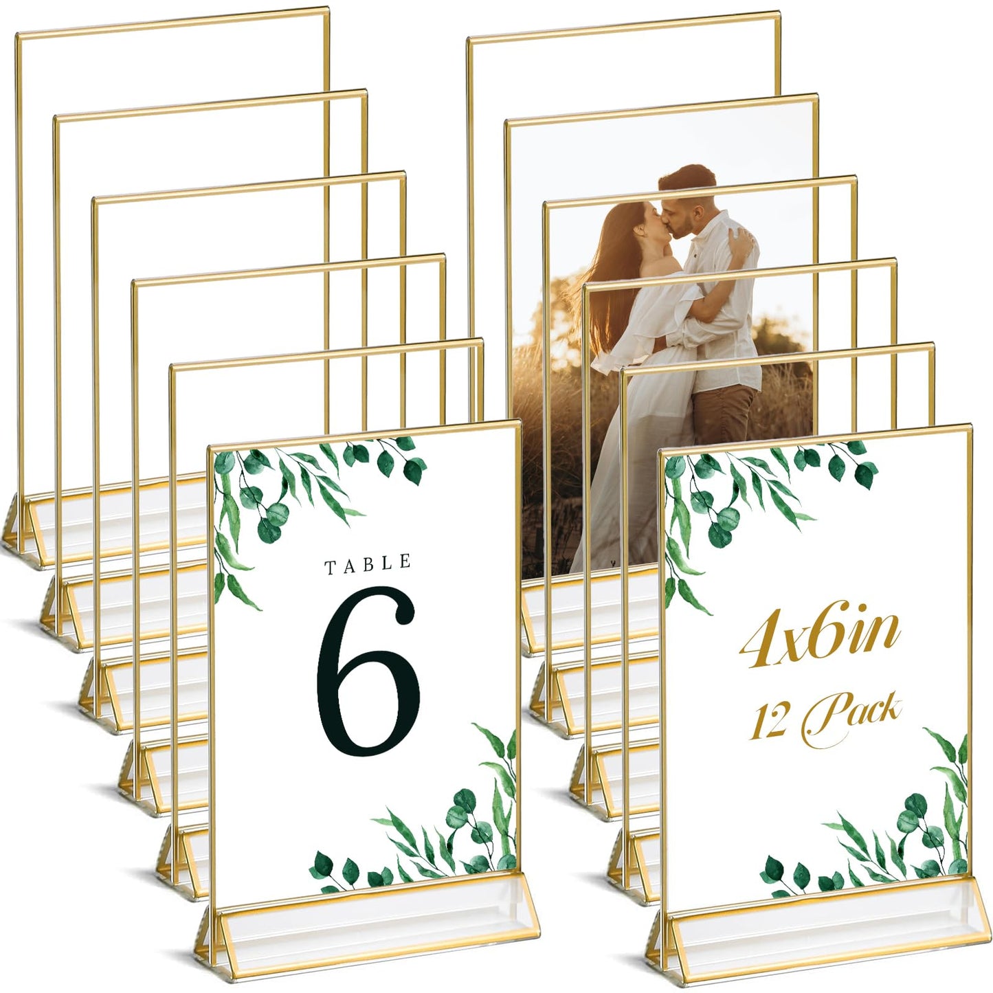UNIQOOO Acrylic Sign Holders with Golden Border, Portrait View, Pack of 12 | 4x6 Inches Double Sided Clear Frame, Perfect for Wedding reception, Centerpiece, Decoration, Party,Anniversary, Event