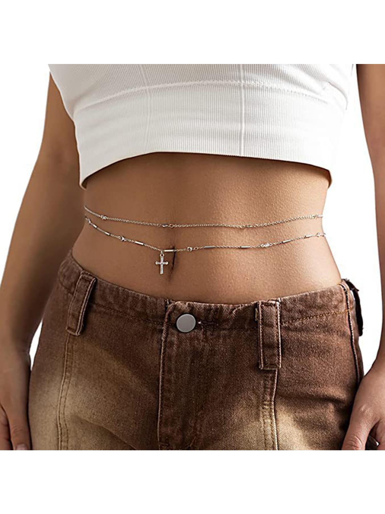 Longita Layered Belly Chain Silver Waist Chain for Women Cross Waist Jewelry for Women Silver Belly Chains Summer Stomach Jewelry Trendy Simple Sexy Body Chains Non Tarnish Waterproof Plus Size