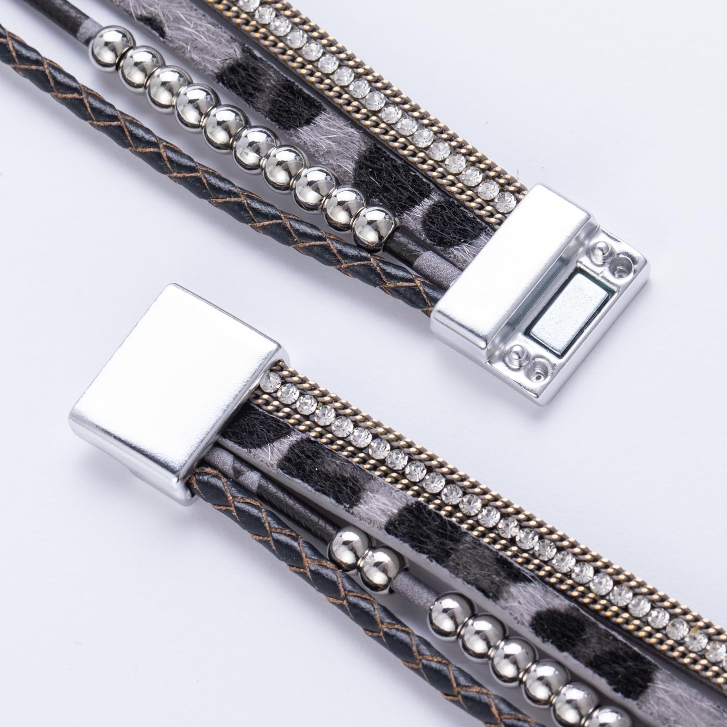 FANCY SHINY Boho Leather Wrap Bracelet Stackable Beaded Infinity Chunky Cuff Bracelets with Magnetic Clasp Western Hippie Outfits Jewelry Gifts for Women(Grey Leopard)