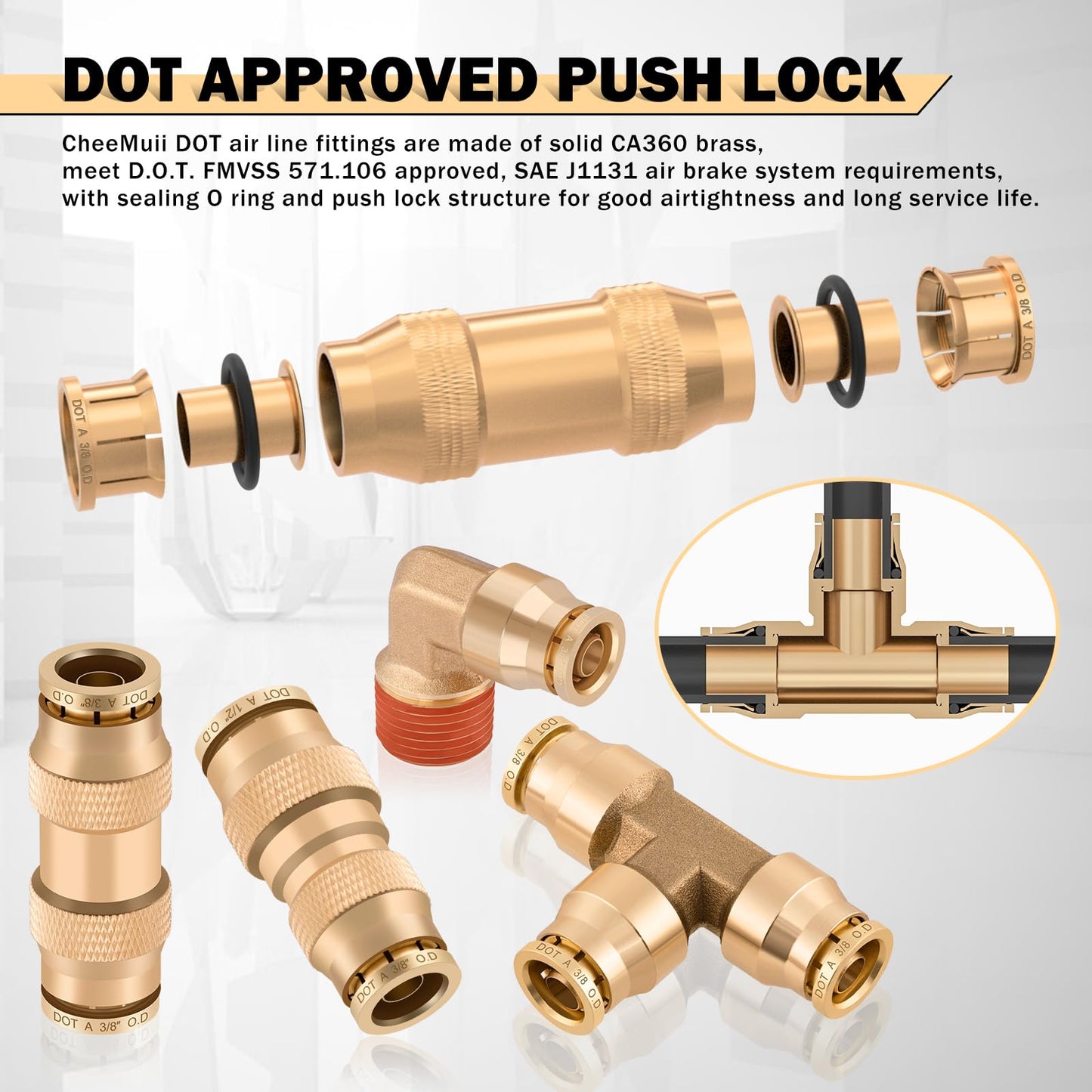CheeMuii 156 PCS Brass DOT Air Line Fittings with 4 Roll 100FT 1/8" 1/4" 3/8" 1/2" DOT Air Lines Kit Push Lock Air Fitting Quick Connect Air Fittings with Air Hose Pneumatic Tubing