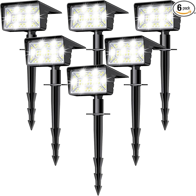 Solar Spot Lights Outdoor with 60 LED & Auto On/Off, 6 Pack Solar Lights Outdoor Waterproof IP68 with 3 Lighting Modes, 2-in-1 Solars Landscape Light for Outside, Garden, Yard(Cool White)