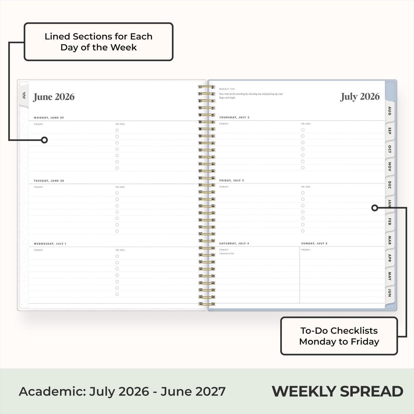 Blue Sky The Everygirl 2026-2027 Weekly and Monthly Academic Year Planner Calendar, July 2026 - June 2027, 8.5" x 11", Flexible Cover, Wirebound, Laminated Tabs, Storage Pocket, Includes Stickers, Stratford Coastal