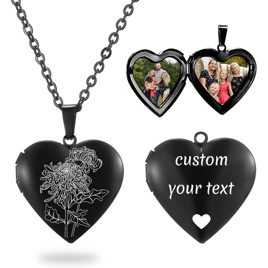 PHOCKSIN Black Heart Locket Necklace 12 Birth Flowers Personalized Love Heart Necklace that Holds Pictures Customized Gifts Locket Necklaces for Birthday