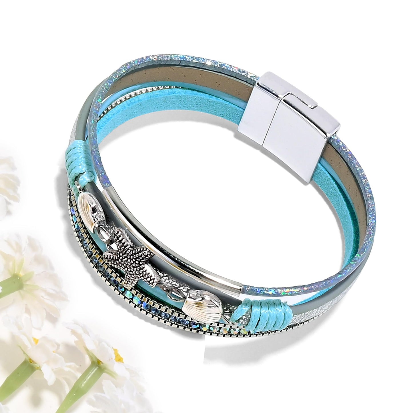 VIBILIA Boho Leather Wrap Bracelets for Women Shell starfish Multi-Layer Bracelets with Strong Clasp Jewelry for Women-Blue