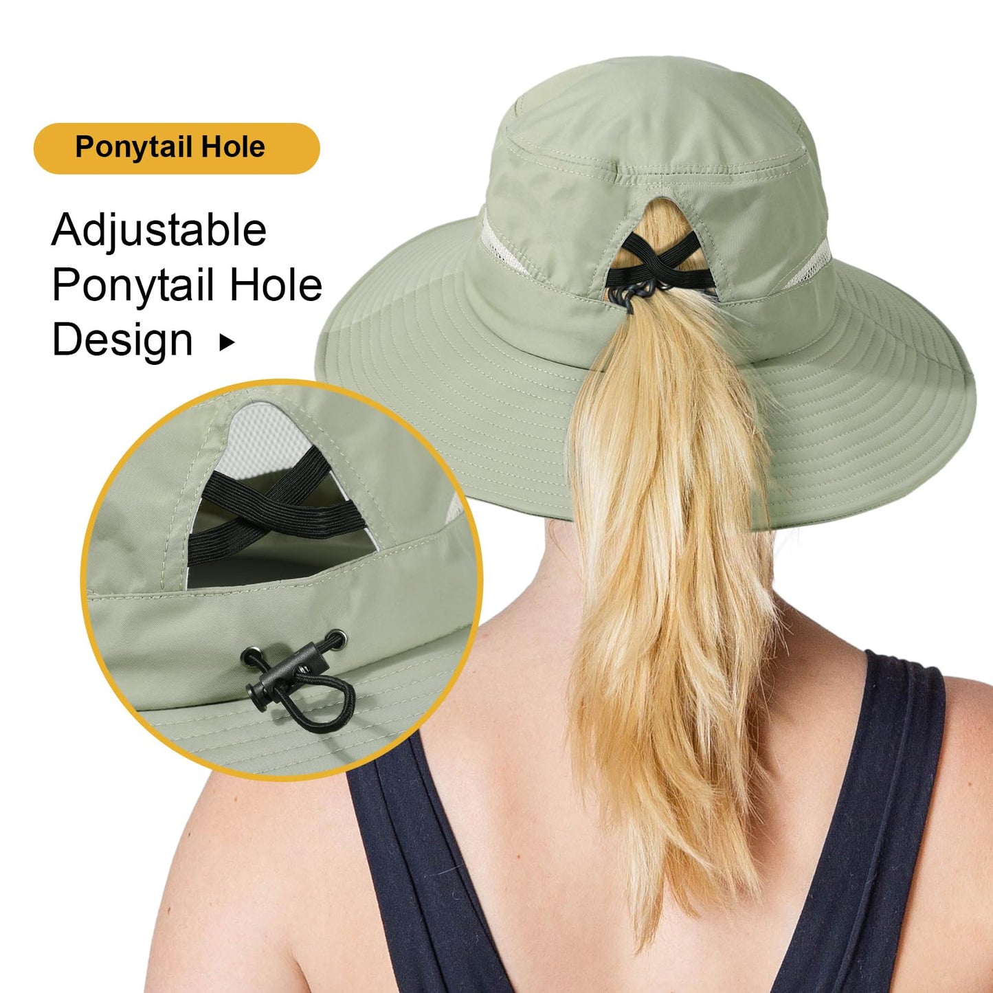 Bucket Sun Hat for Women Wide Brim Breathable Mesh UPF50+ Safari Hat Criss Cross Ponytail Hole Outdoor Rain Hat Pea Green