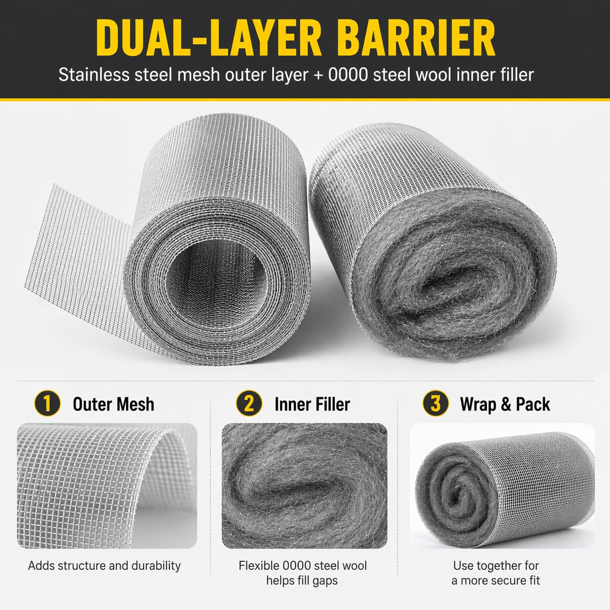 WizCave Steel Wool Bulk - 5 Pack 2.75 in x 11.5 Ft Steel Wools & 2 Pack 5 in x 15 Ft Stainless Wire Mesh, Mouse Hole Filler for House & Garden, Fine SteelWool for Polishing Chrome, Glass