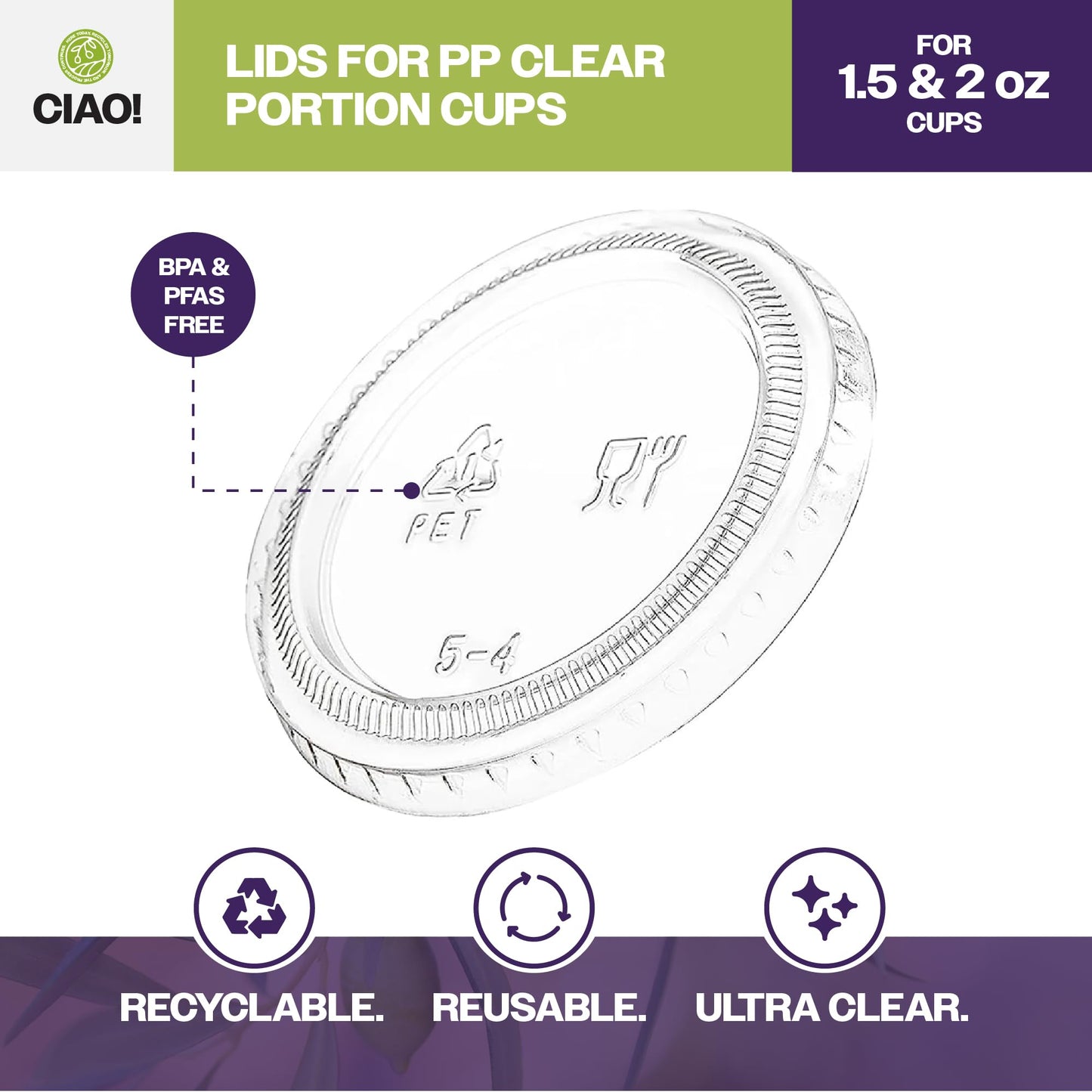 CIAO! Ultra Clear PET Portion Cup Lids, 62mm, Fits CIAO! 1.5 & 2 oz Portion Cups, Case of 2,500