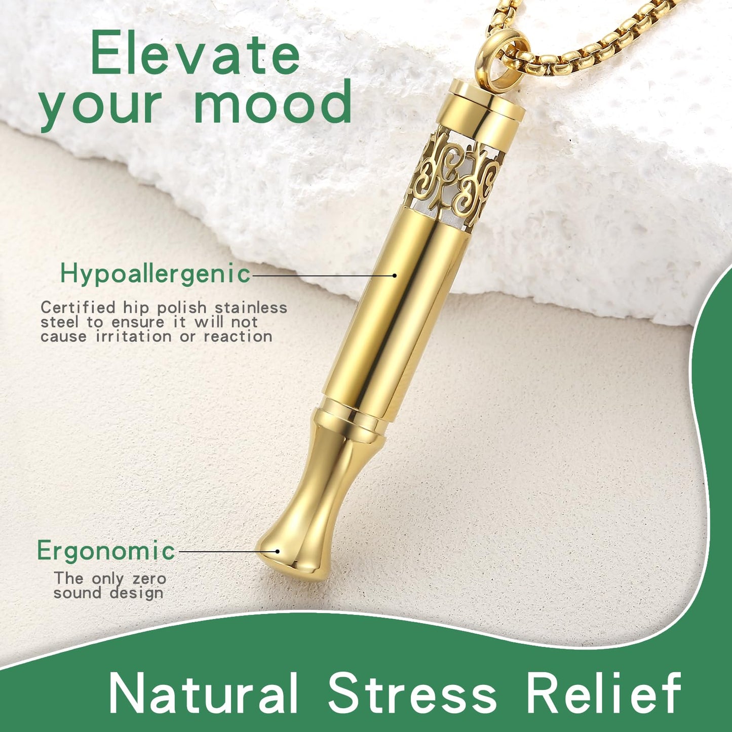 Anxiety Relief Pendant Mindfulness Breathing Necklace - Essential Oil Diffuser & Personal Inhaler Aromatherapy Necklaces for Women & Men (Gold)