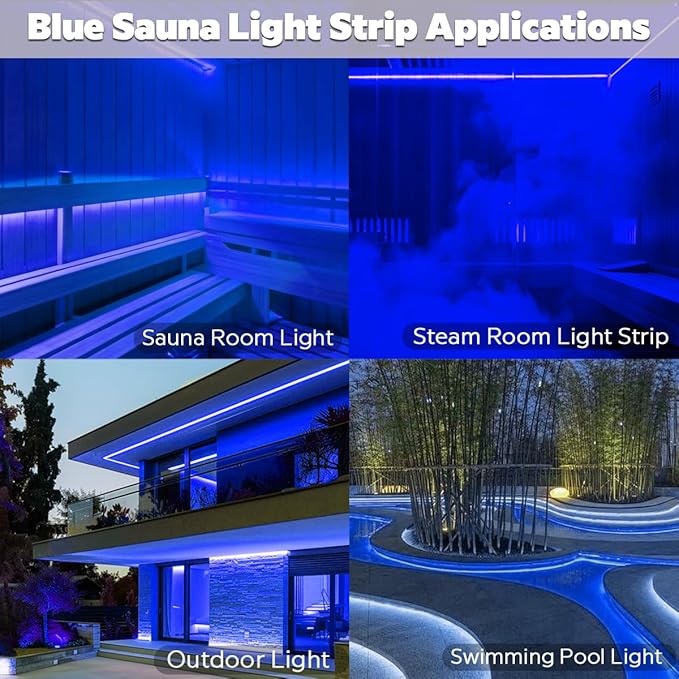 SuperLightingLED 24 Volt Blue LED Strip Sauna Light, Heat-Tolerant Flexible Dimmable Cuttable 5m/16.4ft 600 LEDs High-Density Bright IP68 Waterproof Sauna Room LED Tape (Blue)