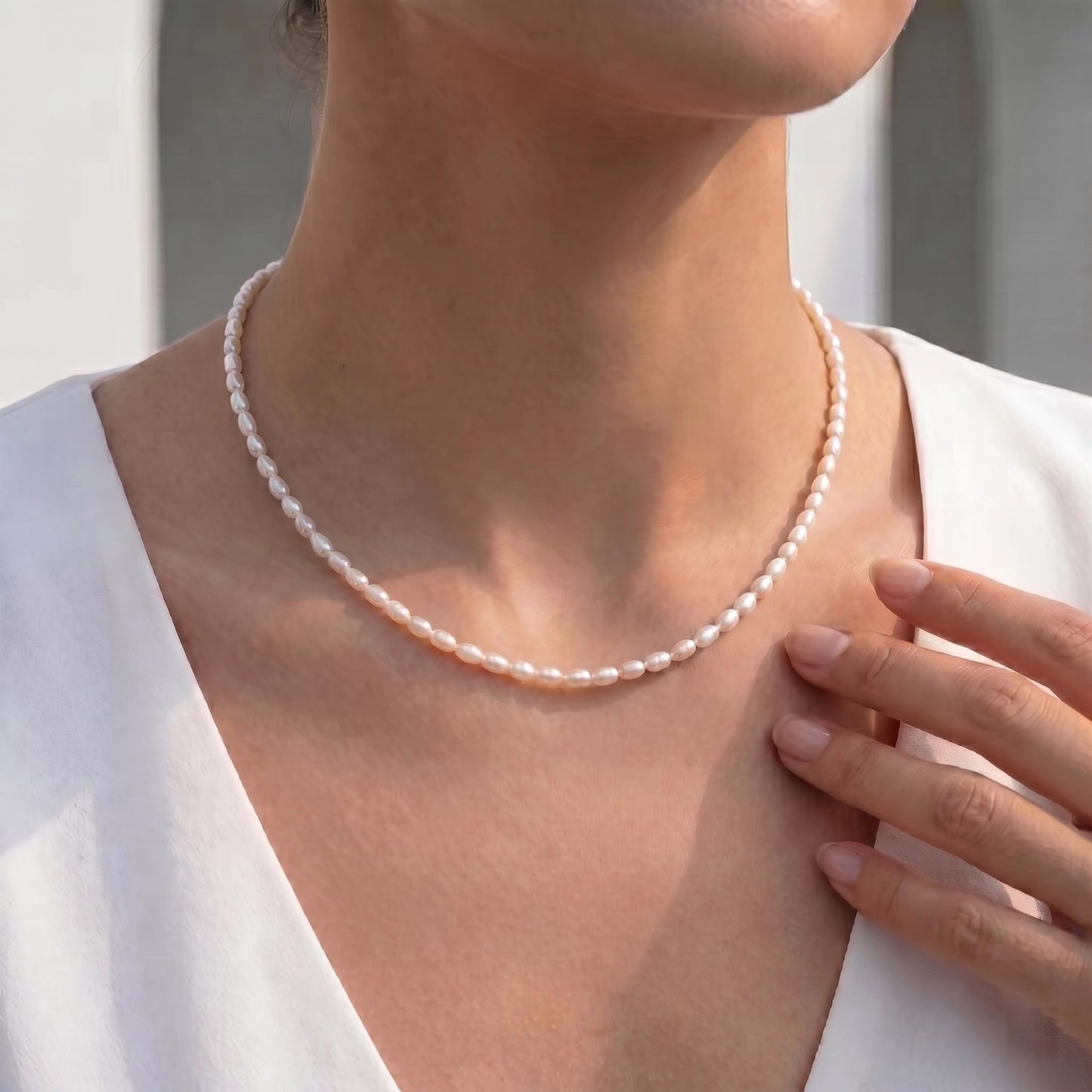 JaruJaru 3mm Handmade Rice Pearl Strand, Small Oval Freshwater Pearls, Essential Minimal Pearl Necklace for Women, 40cm with 5cm Extender, Ideal for Layering