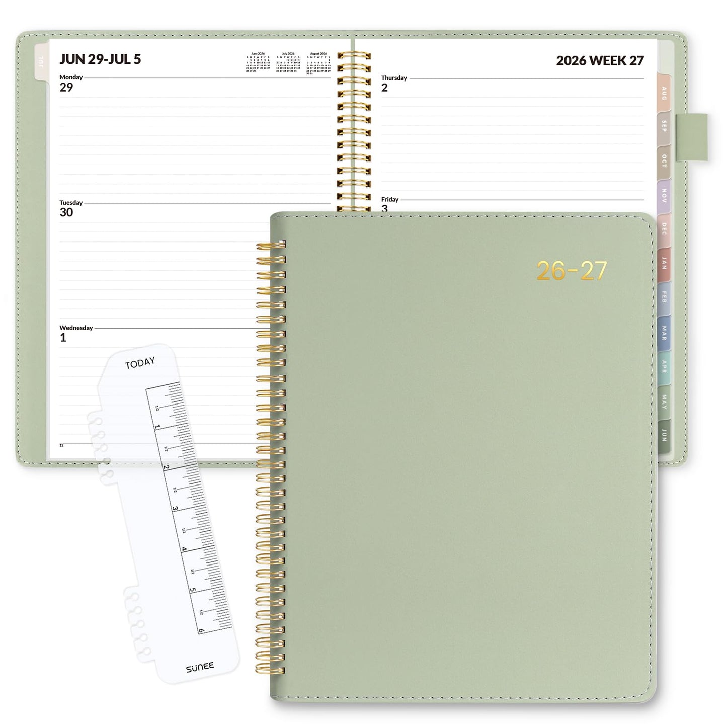 SUNEE 2026-2027 Weekly & Monthly Planner 9"x11.2" - 12 Month (July 2026 - June 2027), Vegan Leather Cover Planner Academic Year Calendar, Pocket, Notes, Monthly Tab, Green