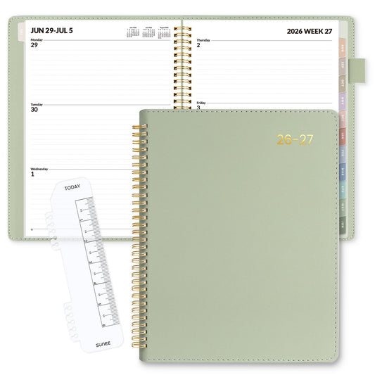SUNEE 2026-2027 Weekly & Monthly Planner 9"x11.2" - 12 Month (July 2026 - June 2027), Vegan Leather Cover Planner Academic Year Calendar, Pocket, Notes, Monthly Tab, Green