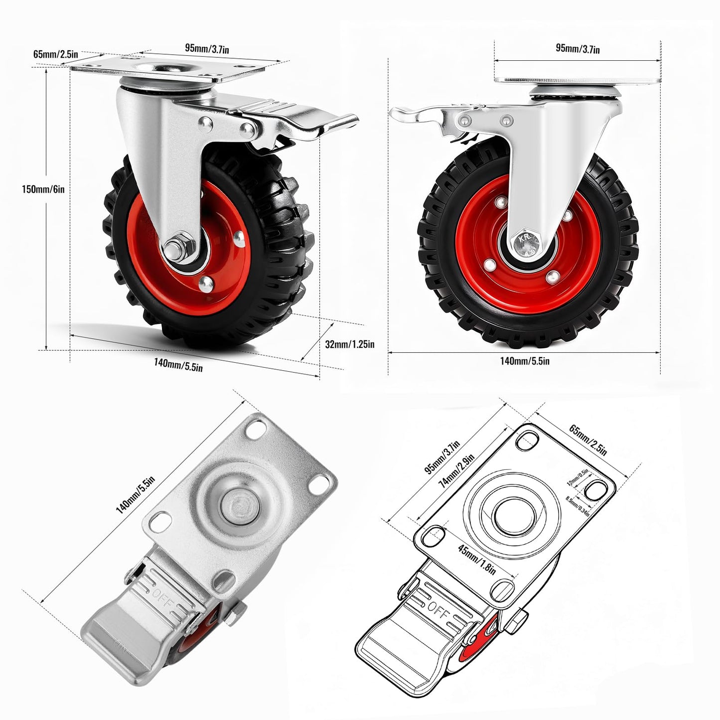 5 Inch Caster Wheels Heavy Duty with Dual-Lock Safety Brake and Rubber Tire Wheels, Heavy Duty - 400 Lbs Per Caster for Workbench, Trolley, Cabinet, Swivel Rubber Wheel 4-Packs with mounting Hardware