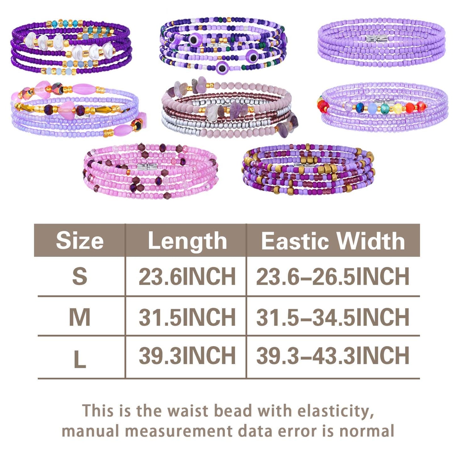 ELABEST Adjustable Handmade Waist Beads Stretchy 23-52 inch 8Pcs Chakra Yoga Body Belly Beaded Women Waist, Anklet, Bracelet, Necklace Jewelry with Screw clasp (Purple, 31.5inch/80cm)