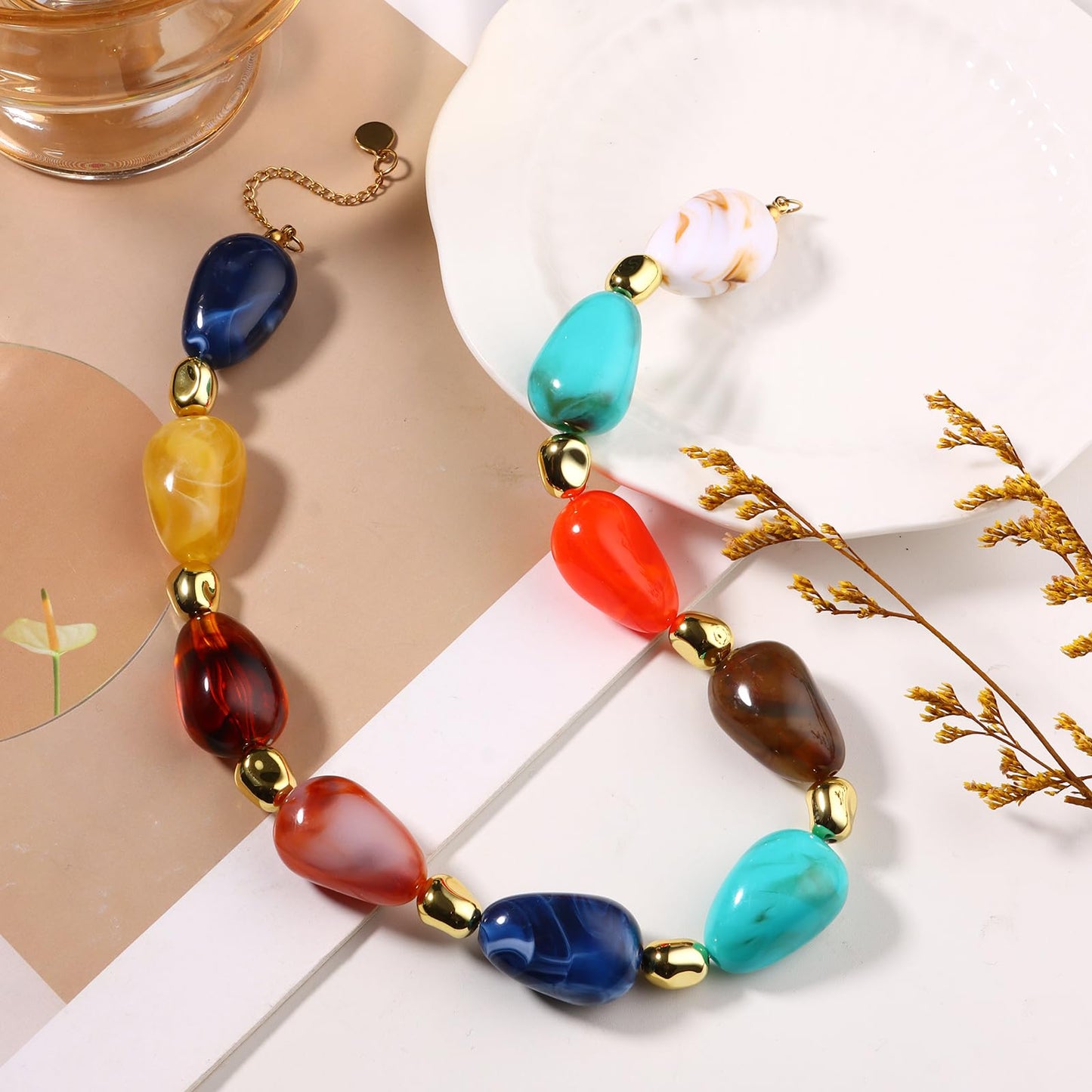 joymiao Colorful Beaded Necklace for Women Chunky Large Resin Beads Necklaces Rainbow Beaded Necklace Summer Beach Jewelry