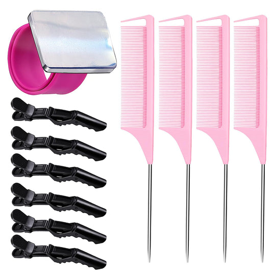 Magnetic Wristband for Hair Stylist Pin Wristband Wrist Pin Holder Braiders Wristband with 4 Pieces Hair Rat Tail Combs 6 Pieces Plastic Clip (Hot Pink)
