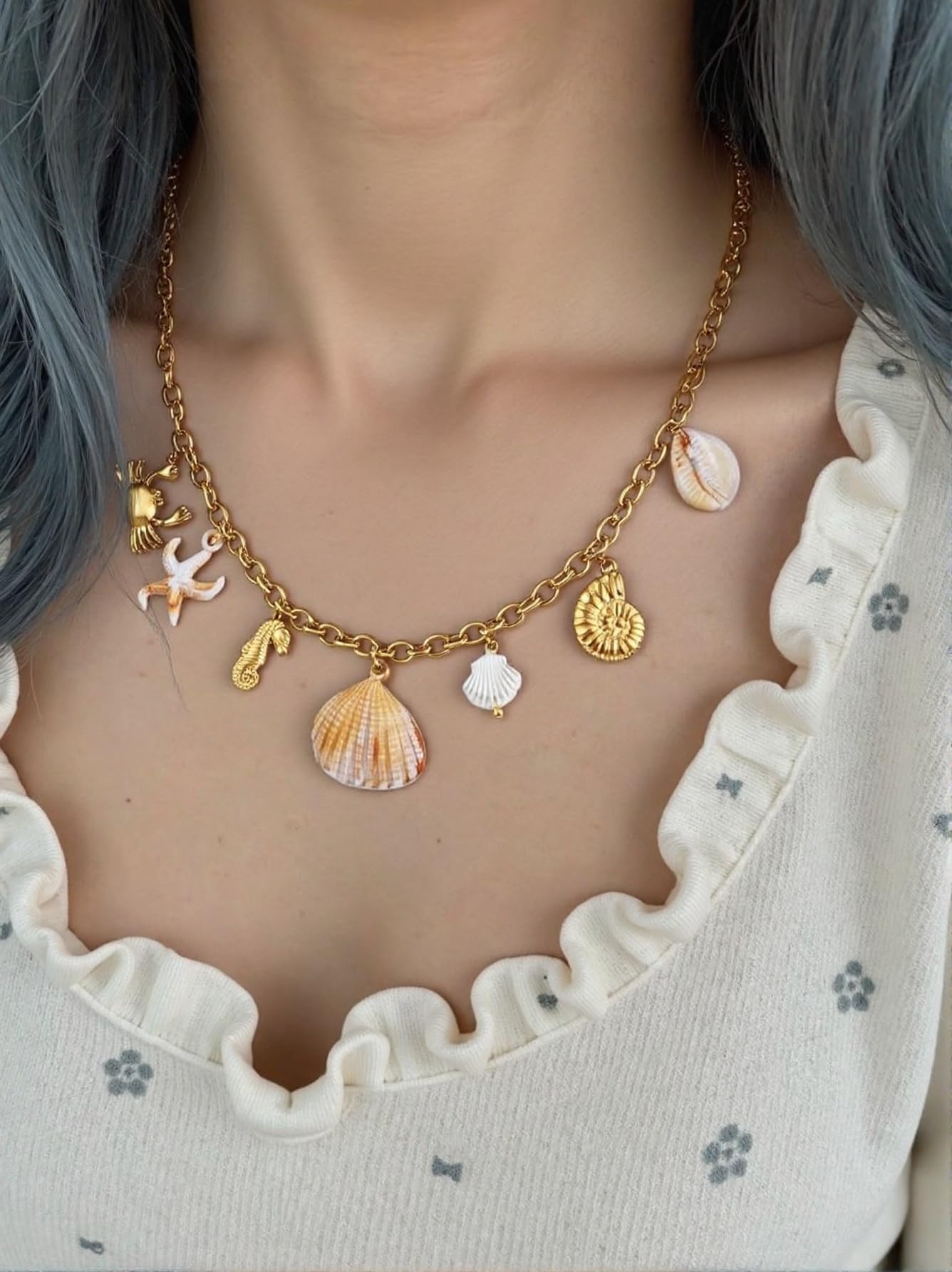 LCTrusttmor Gahna Sea Shell Necklace for Women, 18K Gold Plated Starfish Seahorse Crab Conch Charm with Adjustable Choker Necklaces for Women, Summer Beach Jewelry Gifts