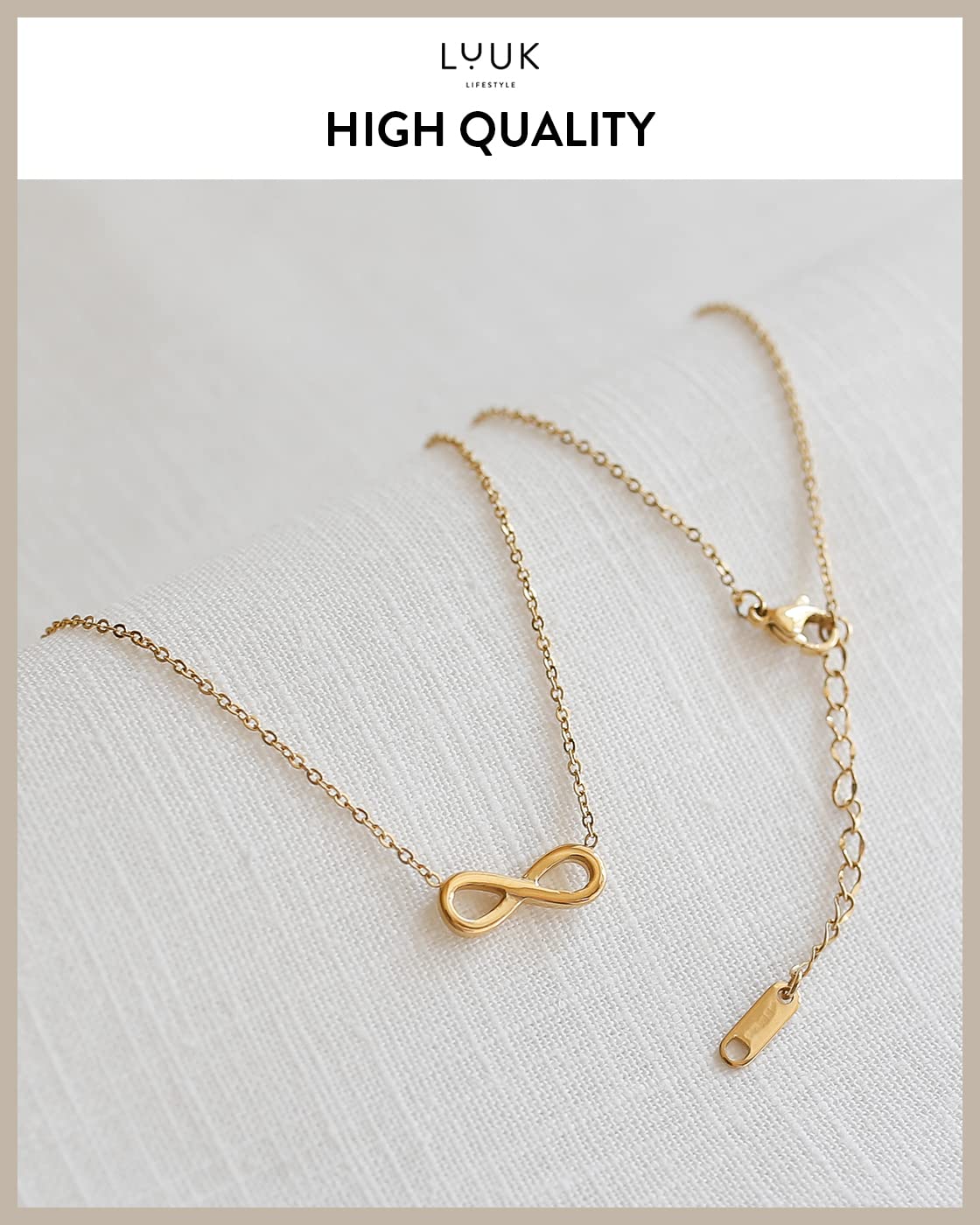 LUUK LIFESTYLE Necklace for women with Infinity pendant and HAPPINESS gift card, modern and minimalist fashion accessory, jewelry to offer, girlfriend, loved one, proof of infinite love, gold