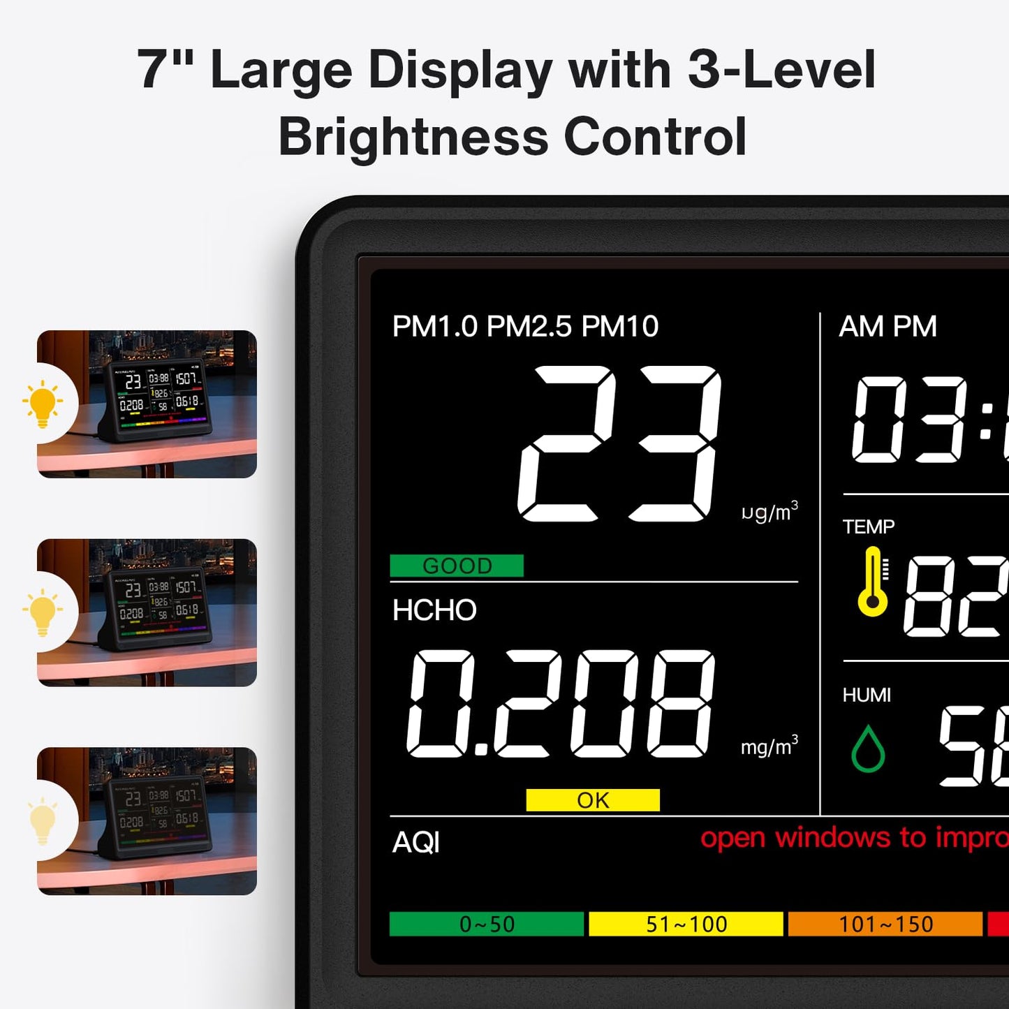 16 in 1 Air Quality Monitor Indoor 7" Display 9 AQI+7 AQI Alerts, CO2 Monitor Air Quality Tester for CO2, TVOC, PM2.5 PM1.0 PM10, HCHO Temperature Humidity AQI & Time Air Quality Meter for Home