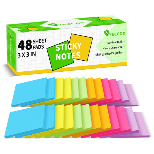 (48 Pads) Sticky Notes 3x3 inch Post, Self-Stick Pads Bright Colors Post Note, Recyclable, Easy to Post for Home, Office, School