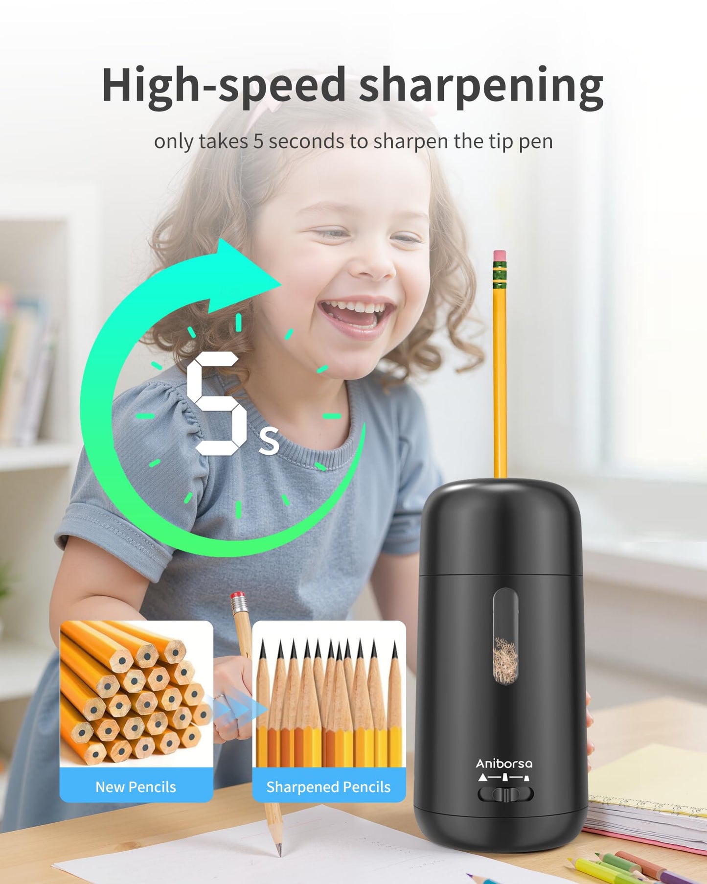 Aniborsa Automatic Electric Pencil Sharpener - Auto Feed, Auto Stop & Auto Eject, Rechargeable for Classroom, Home, School, Office, Black