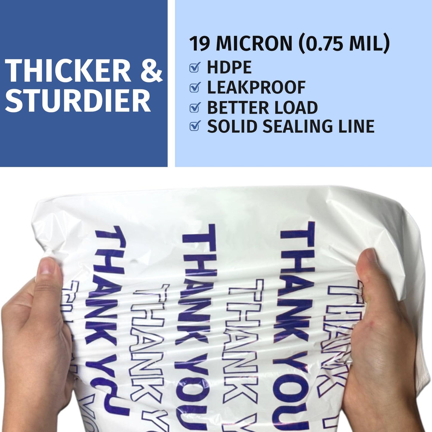 Bagtron Thank You T-Shirt Carry-Out Bags, Disposable Plastic Bags with Handles for Shopping and Restaurant, 1/5 Barrel, 0.75 Mils, White/Blue, 13" x 8" x 23" Large, 500 Count