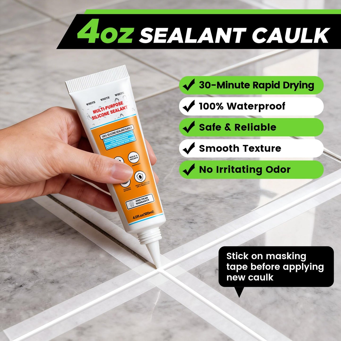 White Silicone Caulk Set-12oz Waterproof Silicone sealant,5 in 1 Caulk Tool with Caulk Remover Tool & Caulk Finishing Tool,Silicone Caulking Tool Kit of Bathroom Caulk, Shower Caulk, Bathtub Caulk