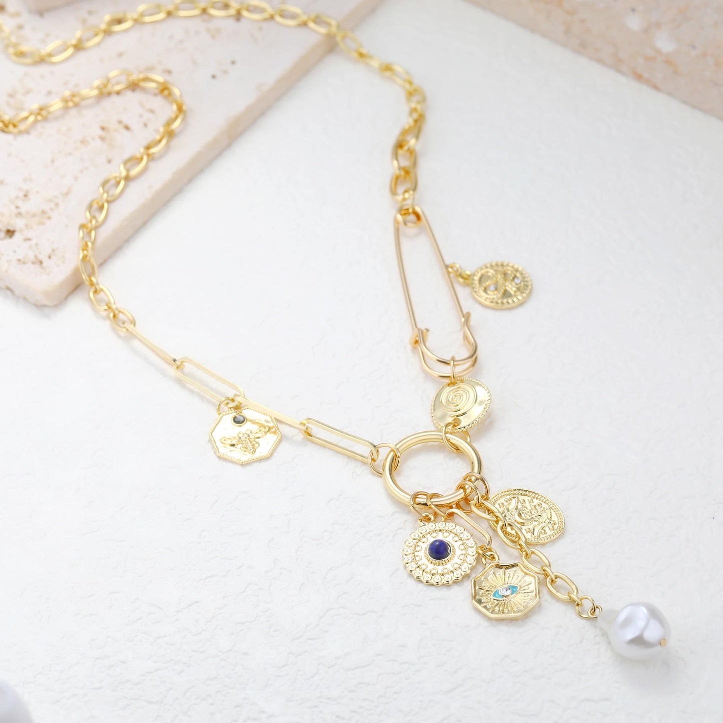 BONJOULRY Charm Necklace for Women Gold Evil Eye Pearl Blue Beads Coin Pendant Necklace Dainty Paperclip Chain Vintage Luck Amulet Choker Necklaces Celestial Jewelry Gift