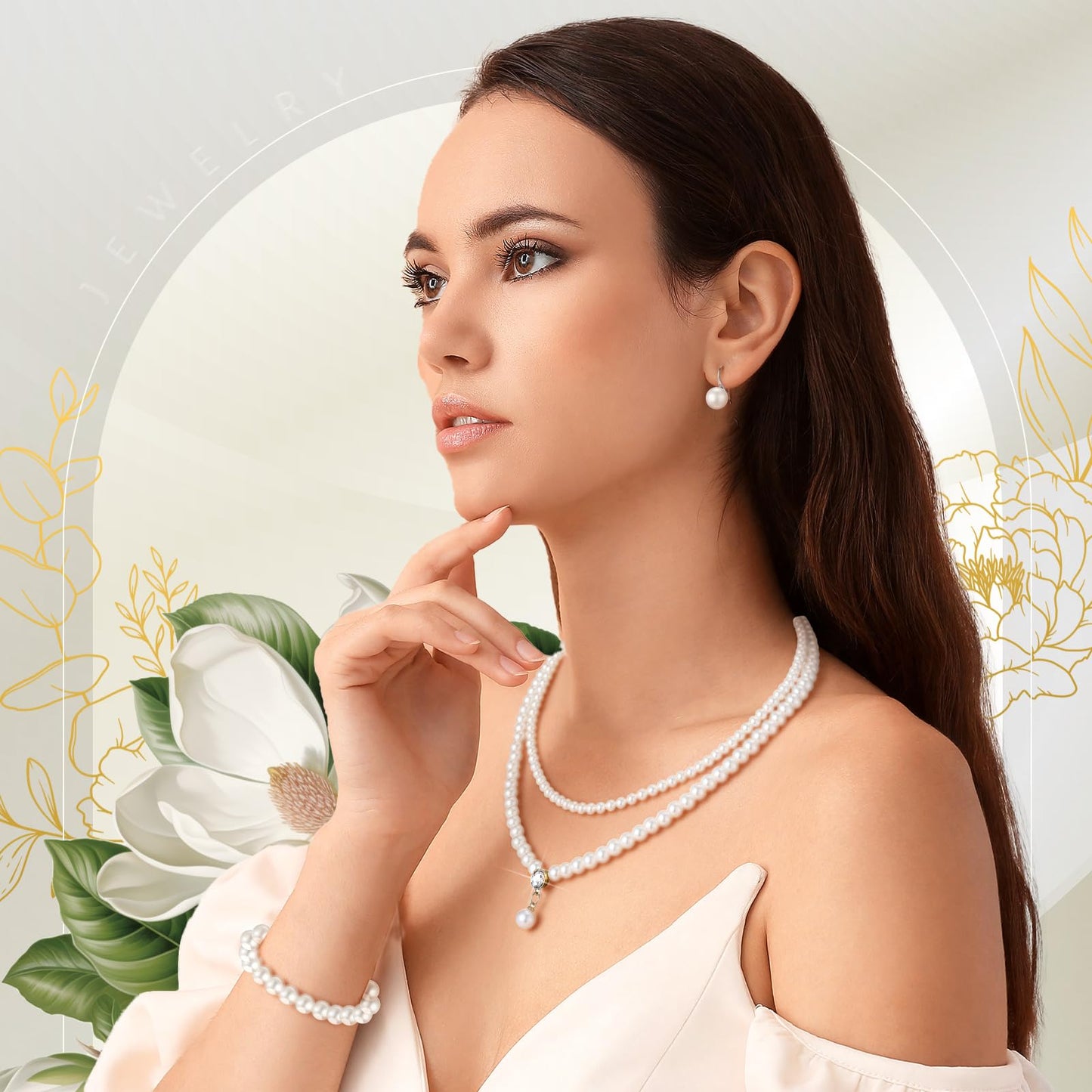 Glenmal Pearl Rhinestone Jewelry Set for Women Pearl Necklace Bracelet Earrings for Wedding Birthday Bridal Shower Tea Party (Gorgeous Style)