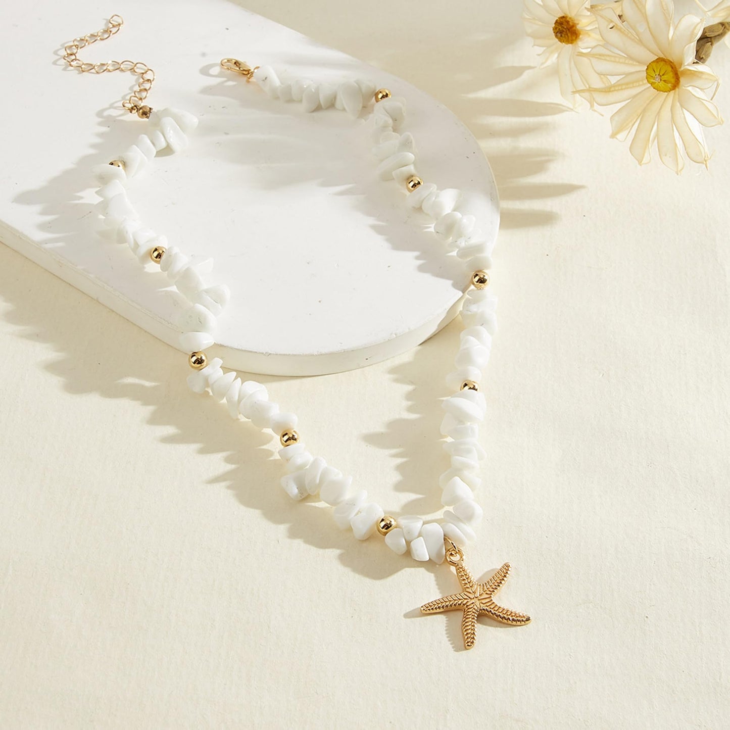Yepelesi Gold Starfish Necklace Natural Stone Beaded Necklaces for Women Boho Handmade Irregular Stone Bead Necklace Summer Beach Ocean Jewelry Gift (White)