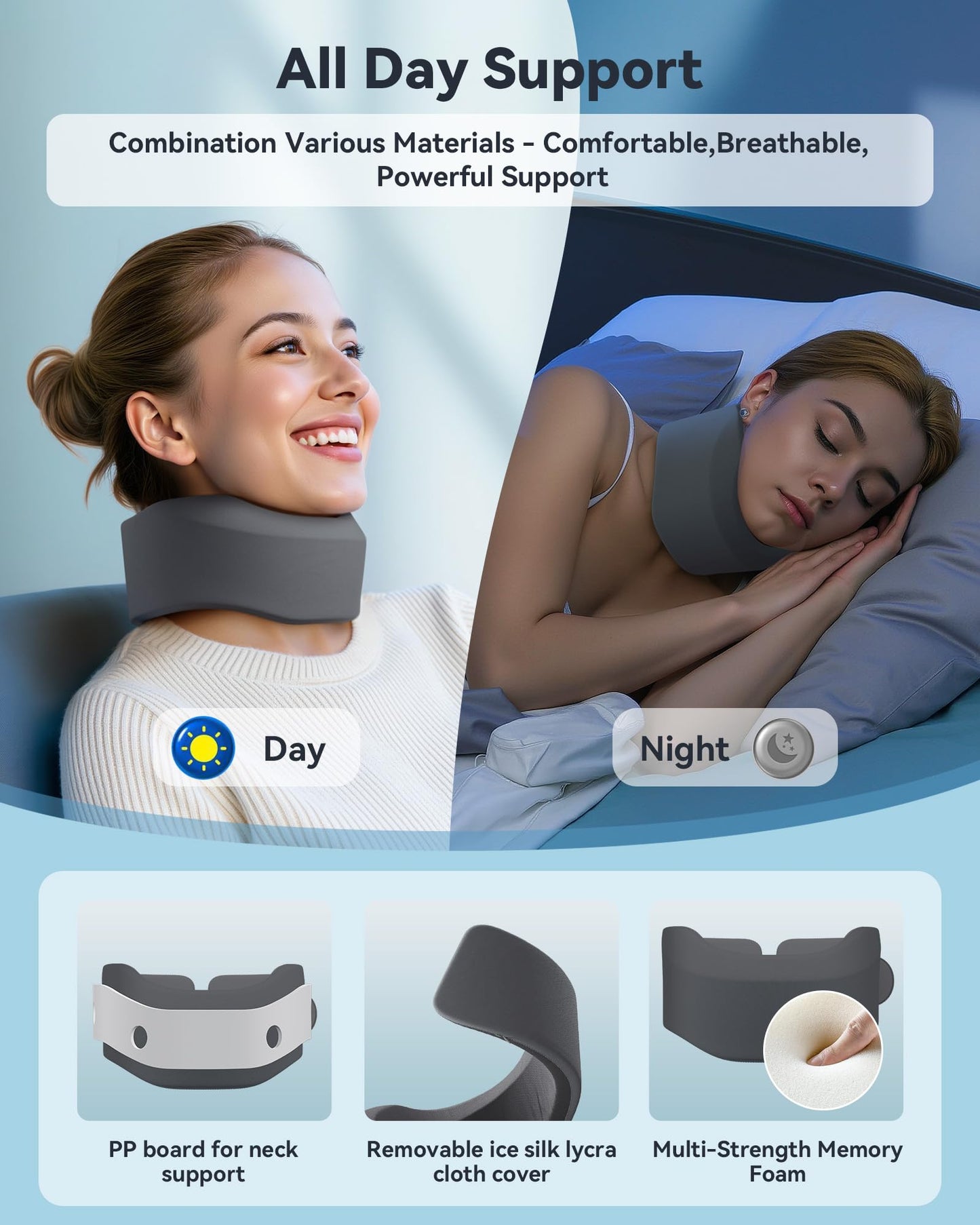 BETOVIN Neck Brace for Sleeping, for Relief Neck Pain and Provide Support Soft Cervical Collar, Neck Support Keep Vertebrae Stable & Aligned Relief of Cervical Spine Pressure Gray (Large Size)
