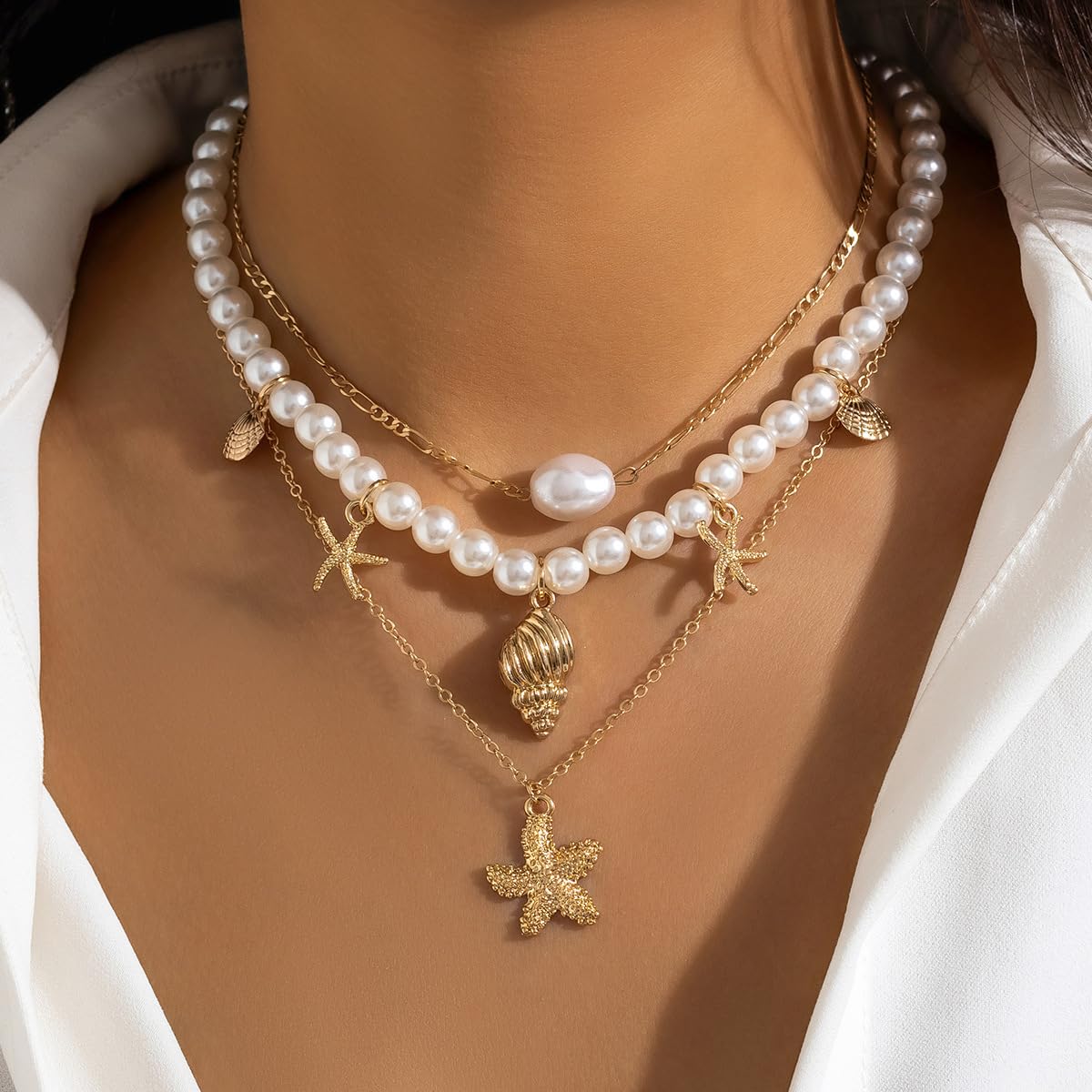 Sora Tuki Layered Starfish Necklace Beach Jewelry for Women Seashell Cowrie Puka Shell Necklaces for Women Beach Necklace Turtle Beaded Choker Necklaces Ocean Jewelry (1 - Layered)