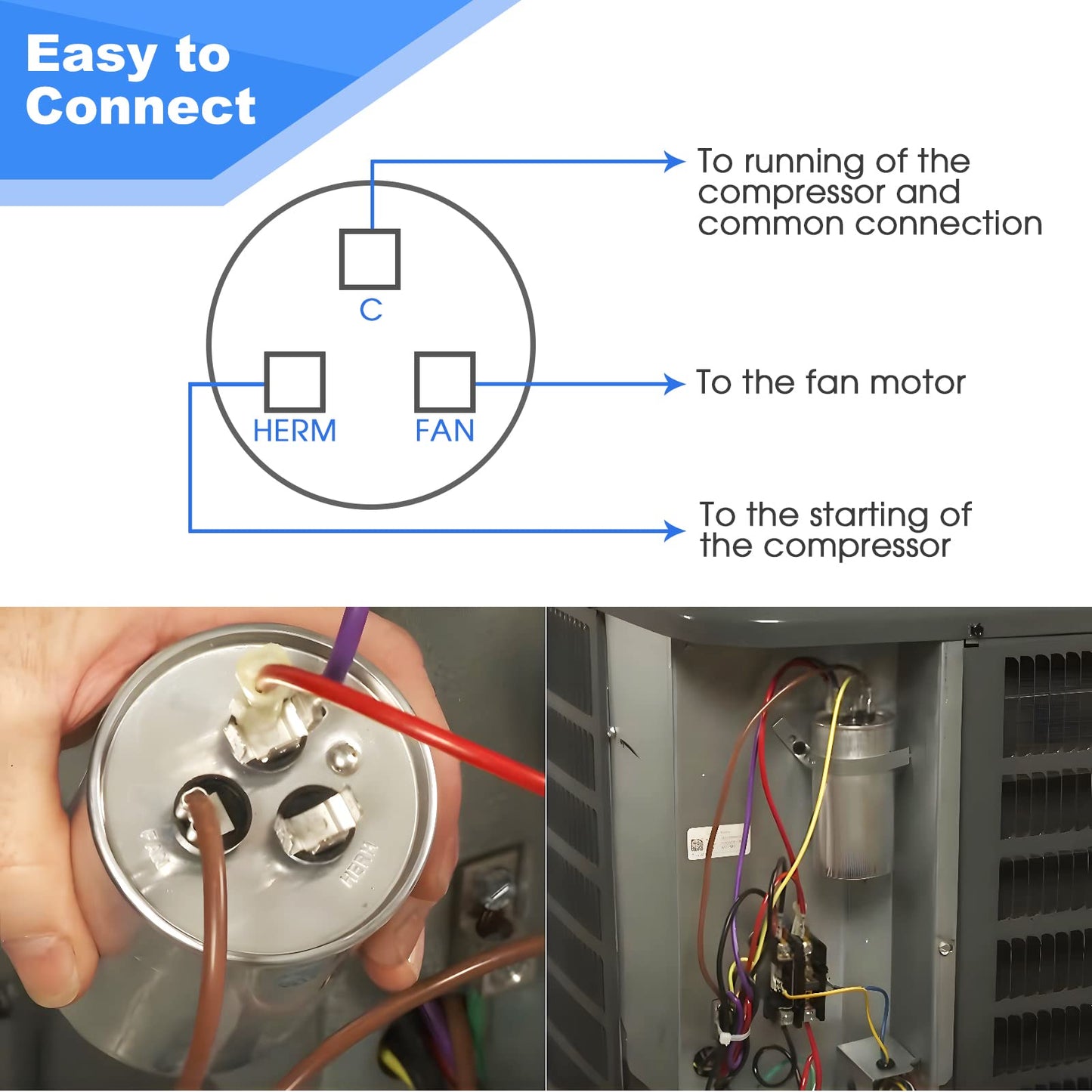 Frienda 2 Pcs 45+5 MFD 45/5 uf ±6% 370V or 440V VAC Dual Run Round Capacitor, 45 5 Start Capacitor for AC Air Conditioning Unit, Condenser Straight Cool or Heat Pump