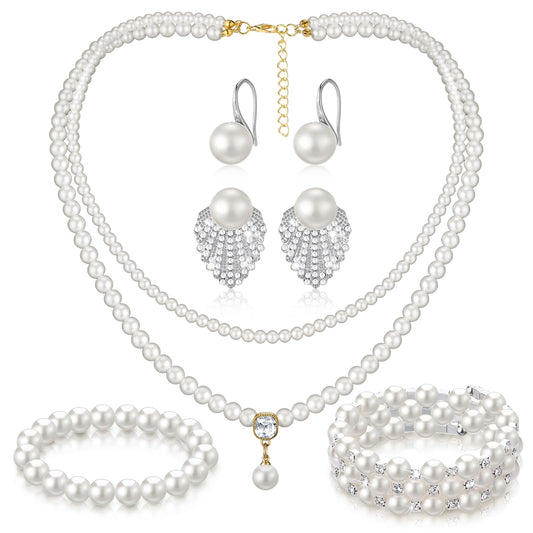 Glenmal Pearl Rhinestone Jewelry Set for Women Pearl Necklace Bracelet Earrings for Wedding Birthday Bridal Shower Tea Party (Gorgeous Style)