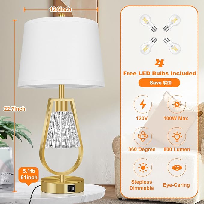 VerRon Set of 2 Touch Control Table Lamps, Dimmable Nightstand Lamps with 2 USB Ports, Bedside Lamps with Night Light, Gold Lamps with White Shade for Living Room Bedroom, 4 Bulbs Included