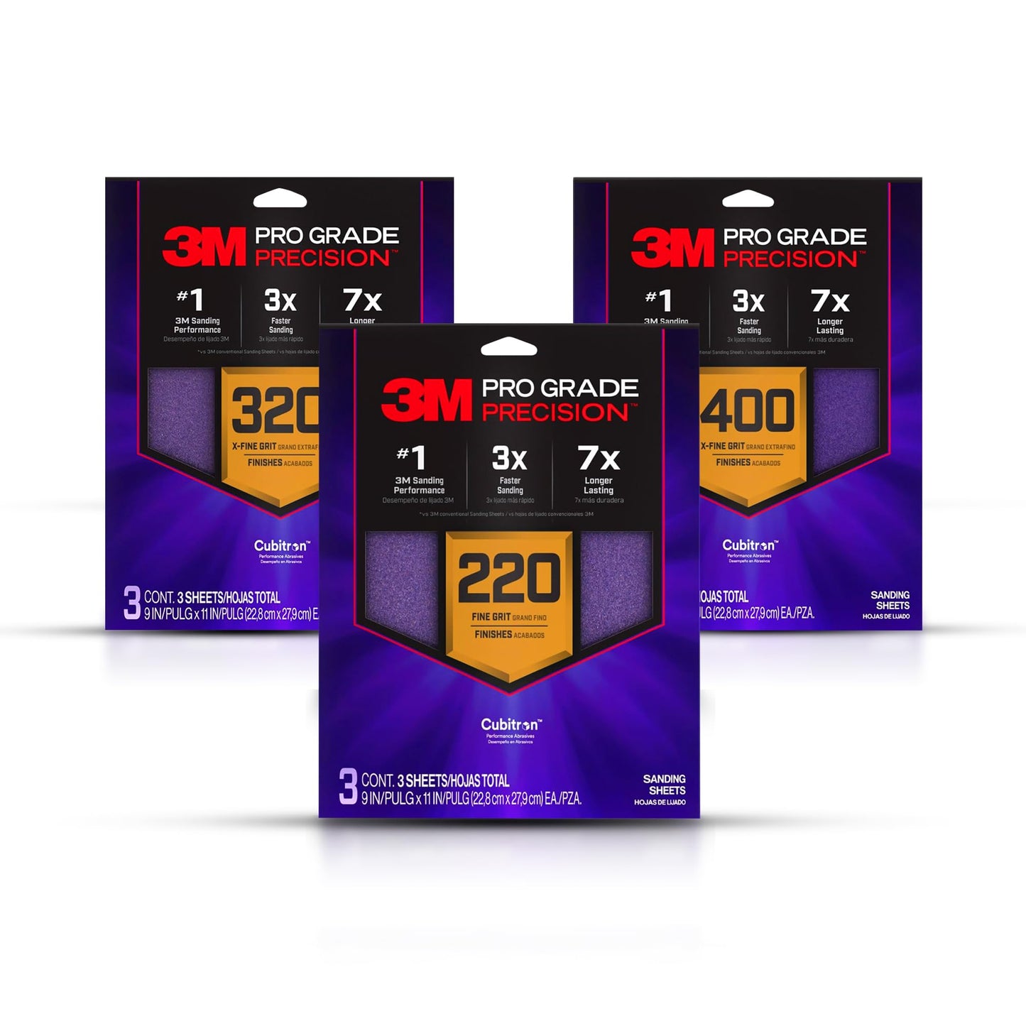 3M Pro Grade Precision Faster Sanding Sheets, NO-Slip Grip Backing, Assorted Grits 220/320/400, 9" x 11", 3 Sheets Each, 9 Total