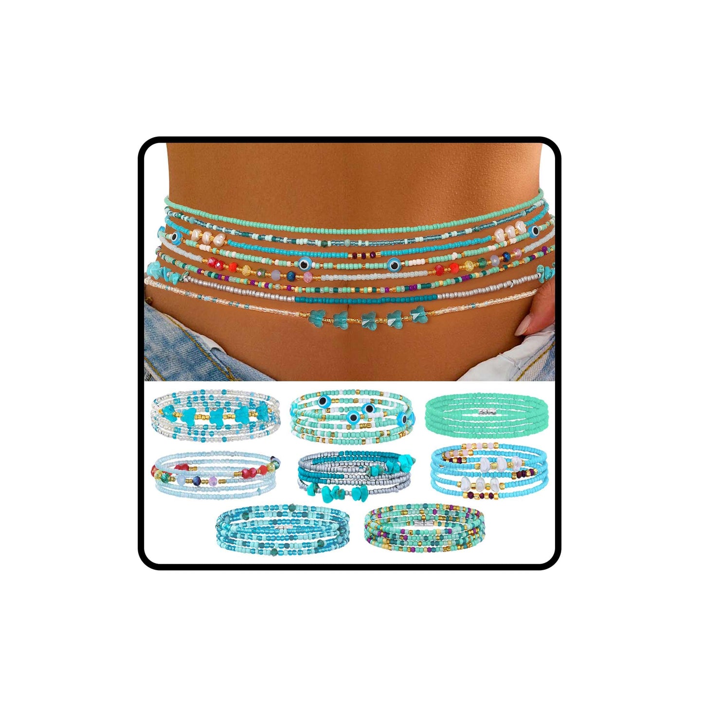 ELABEST Adjustable Handmade Waist Beads Stretchy 23-52 inch 8Pcs Chakra Yoga Body Belly Beaded Women Waist, Anklet, Bracelet, Necklace Jewelry with Screw clasp (Cyan, 31.5inch/80cm)