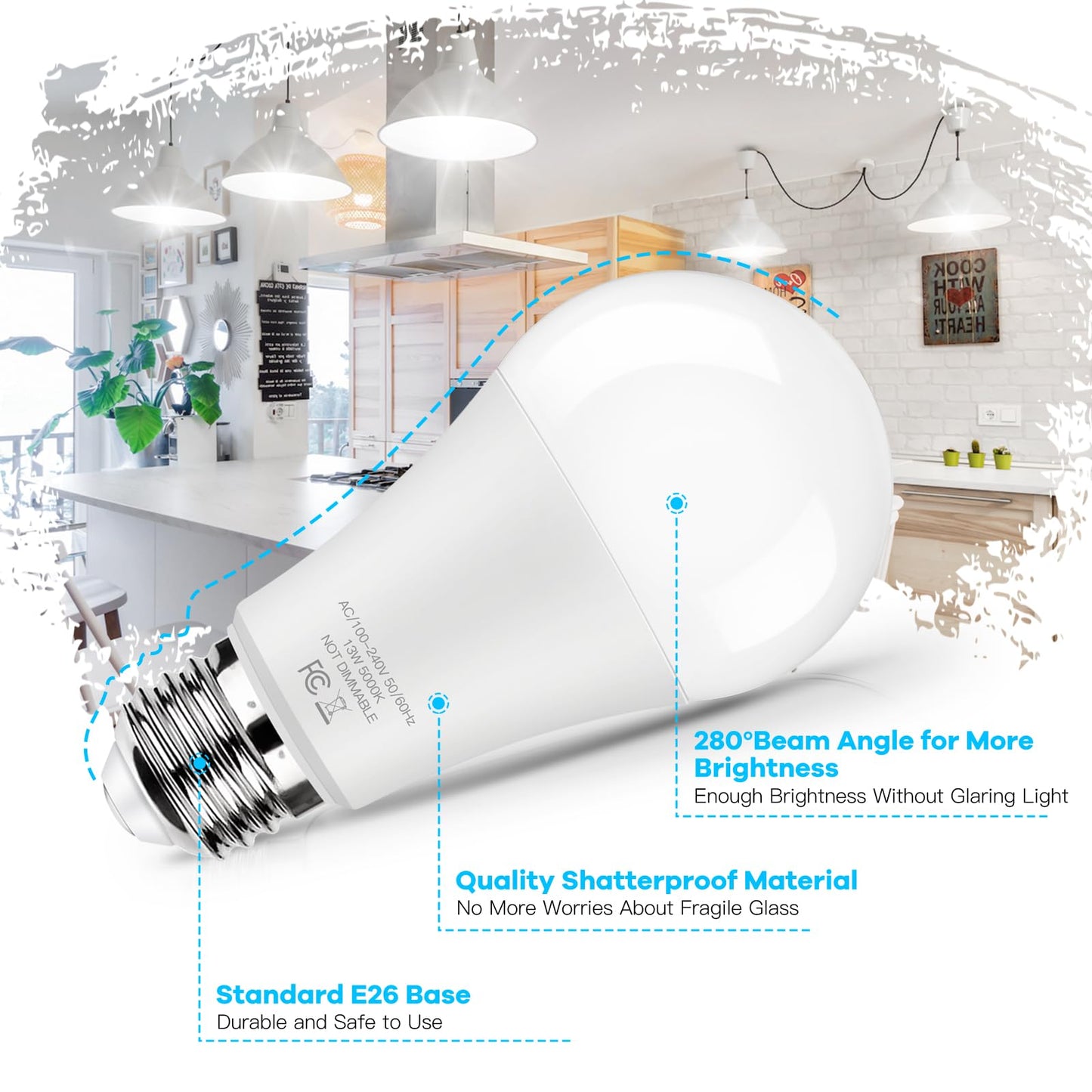 LED Light Bulbs 100W Equivalent 1500 Lumens, A19 13W 5000K Daylight White Non-Dimmable, Super Bright No Flicker Standard E26 Edison Screw Bulbs for Home, Bedroom, Office Lamp, 12-Pack