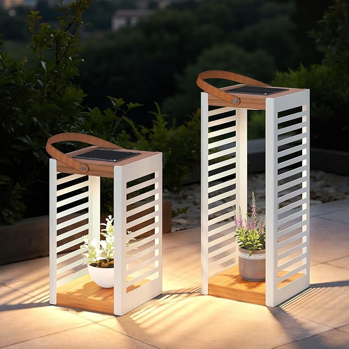 Solar Yard 2-Pack Outdoor Floor Lamp Solar Powered Light, Patio Waterproof Metal Solar Lantern with Handle, Plant Decor for Patio, Yard, Porch, Large+Small White