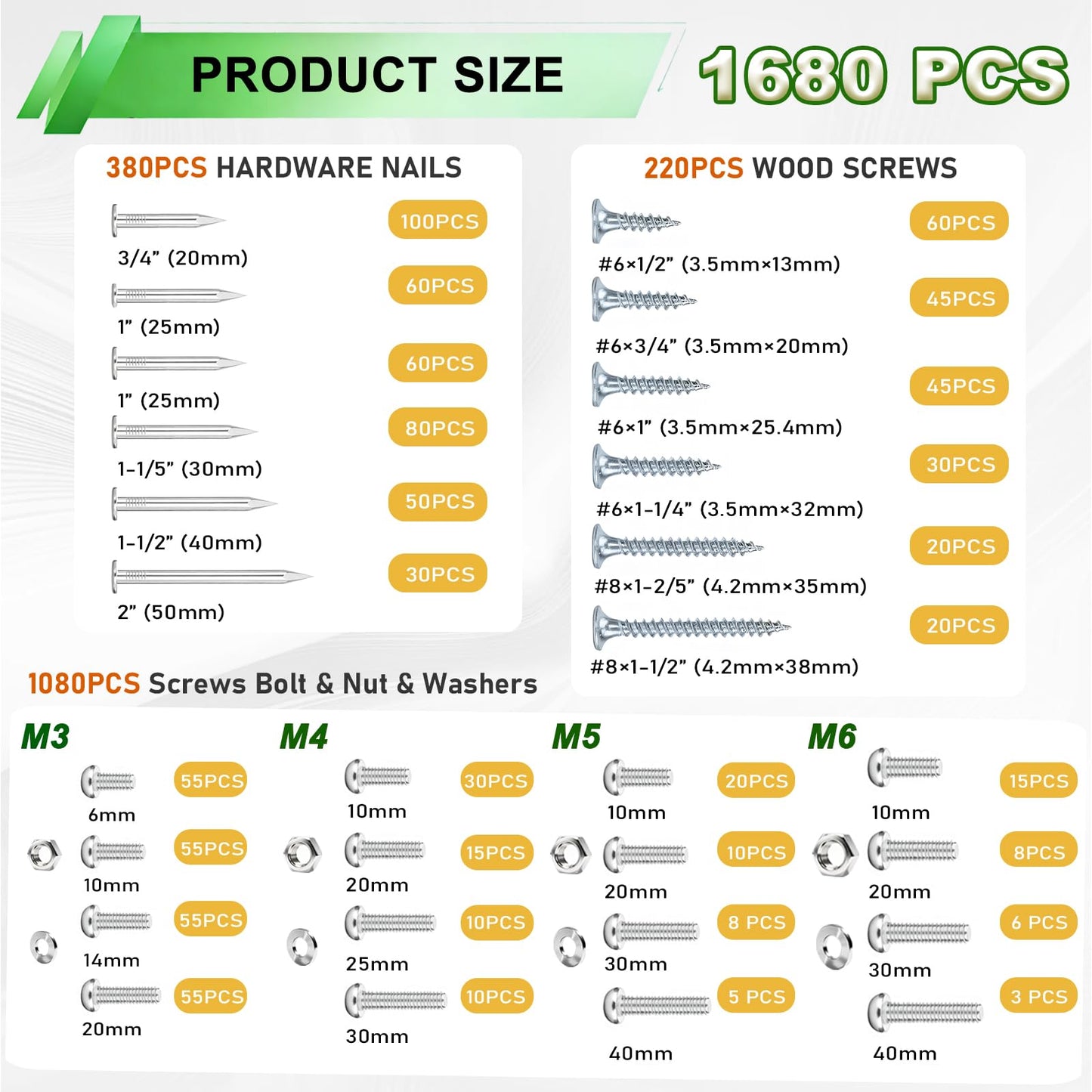 Ruibapa 1680pcs Nails and Screws Assortment Kit,3/4"-2" Hardware Nails,M3/M4/M5/M6 Machine Screws,#6#8 High Hardness Wood Screws,Assorted Screws, Common Nails with Handheld Box