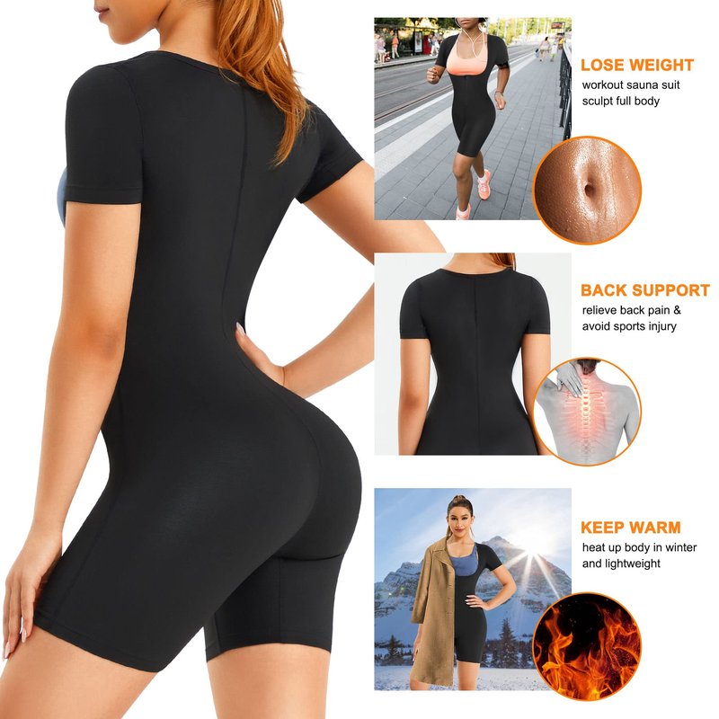 URSEXYLY Sauna Suit for Women Sweat Vest Waist Trainer 3 in 1 Slimming Full Body Shaper Workout Top with Sleeve Shorts (Black, XX-Large)